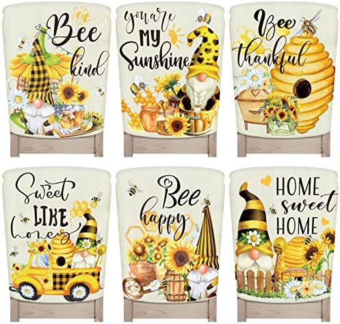 6 Pcs Spring Bee Gnome Chair Cover for Dining Kitchen Easter Farmhouse Yellow Sunflower Chair Back Cover Stretch Removable Chair Slipcover Protector Soft Washable Checkered Linen Seat Cover Home Decor