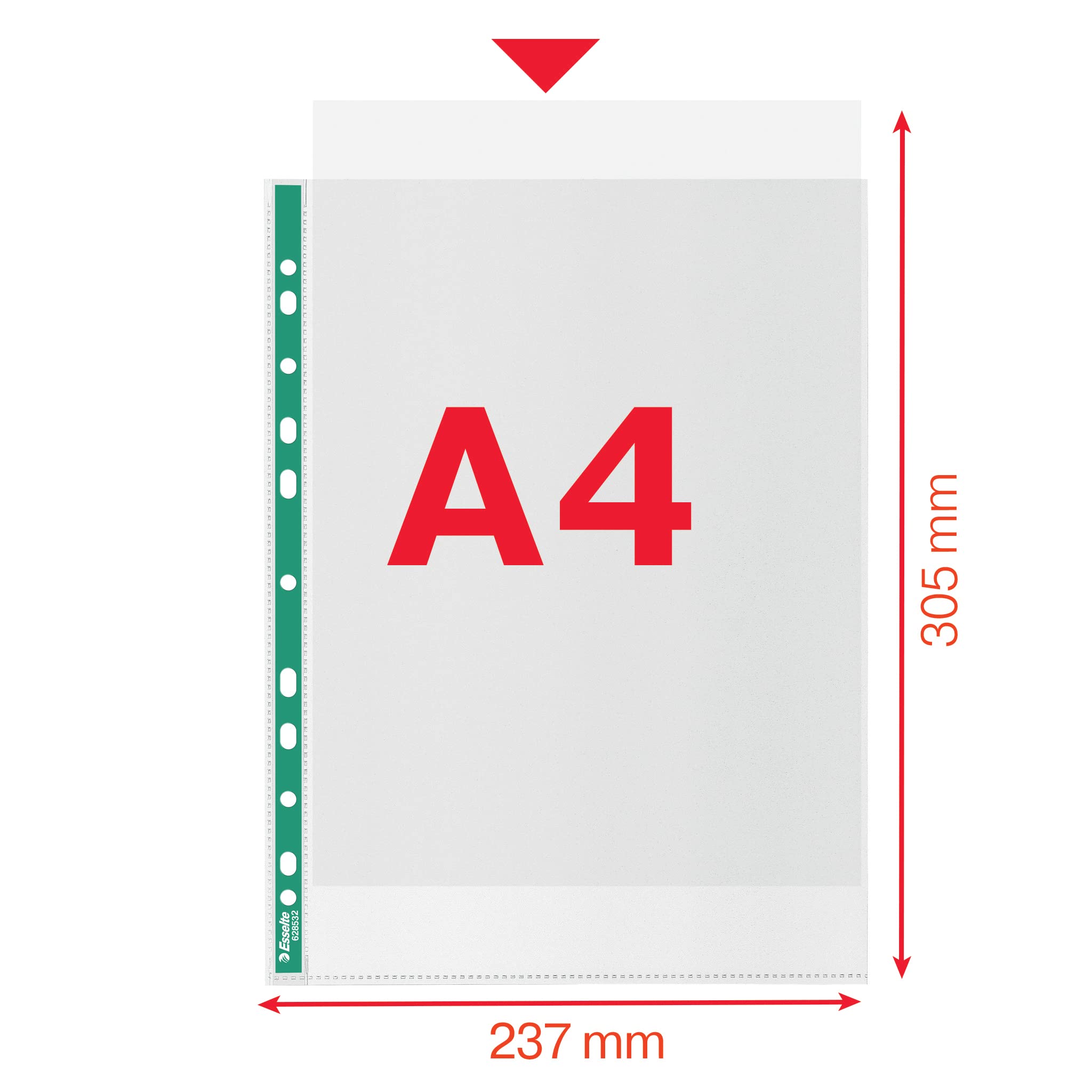 Esselte A4 buste perforate, 1000 x buste in PP, 34 micron di spessore, buste A4 goffrate con dorso verde rinforzato, ideali per raccoglitori a leva (5 confezioni da 200), 628532