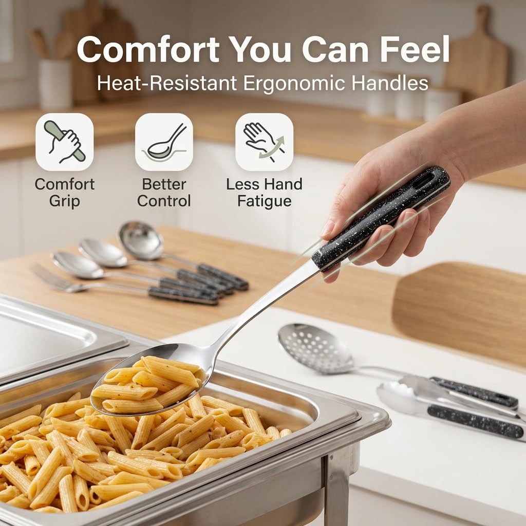 Utensilios de servir de metal de acero inoxidable: juego de cucharas para servir, cucharas ranuradas y pinzas para servir. Tenedor de servir, servidor de pasteles