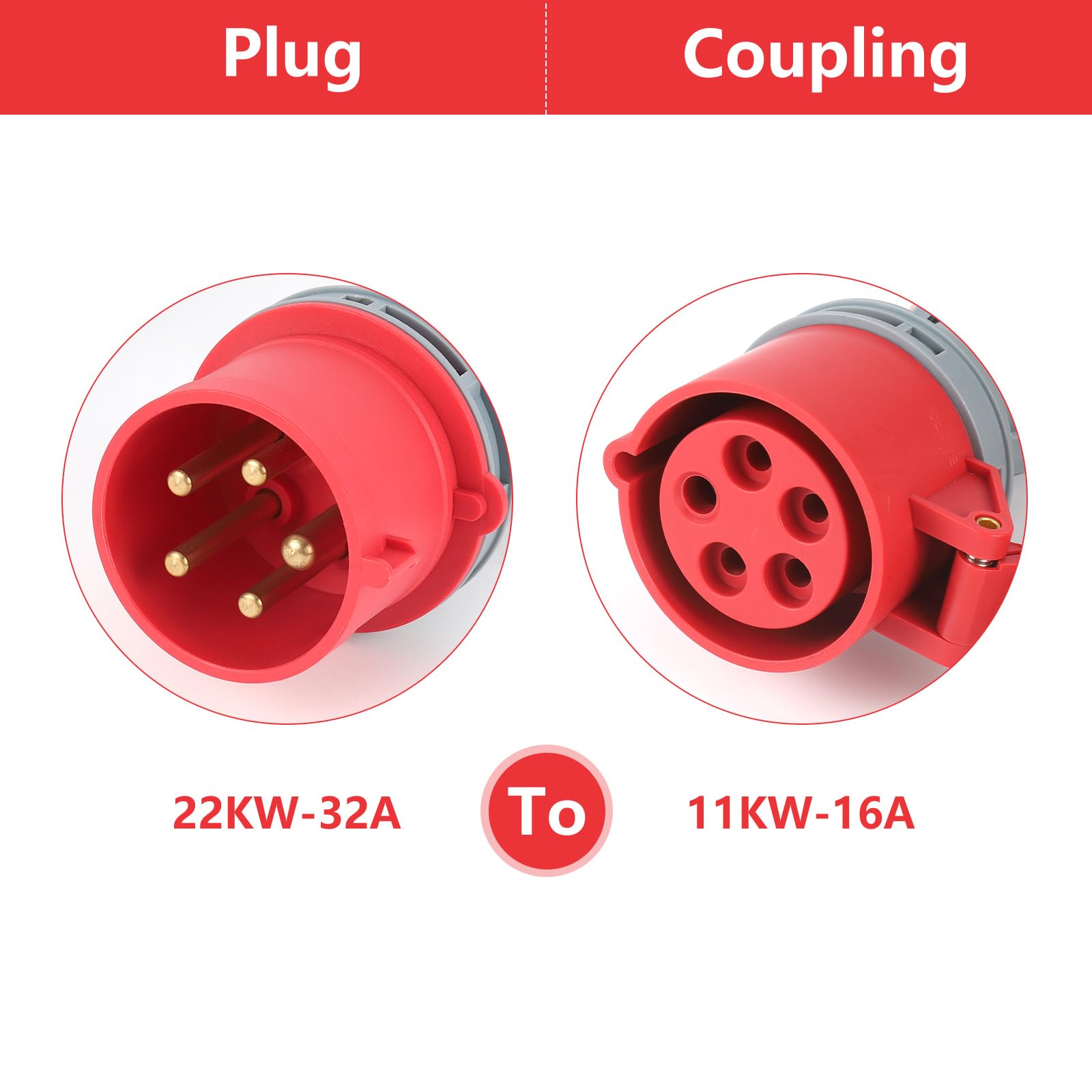 Dreamhigh® CEE Adapter, 32A(22KW) Stecker auf 16A(11KW) Kupplung, 5-polig, 400V, Schutzart IP44-Gummischlauchleitung