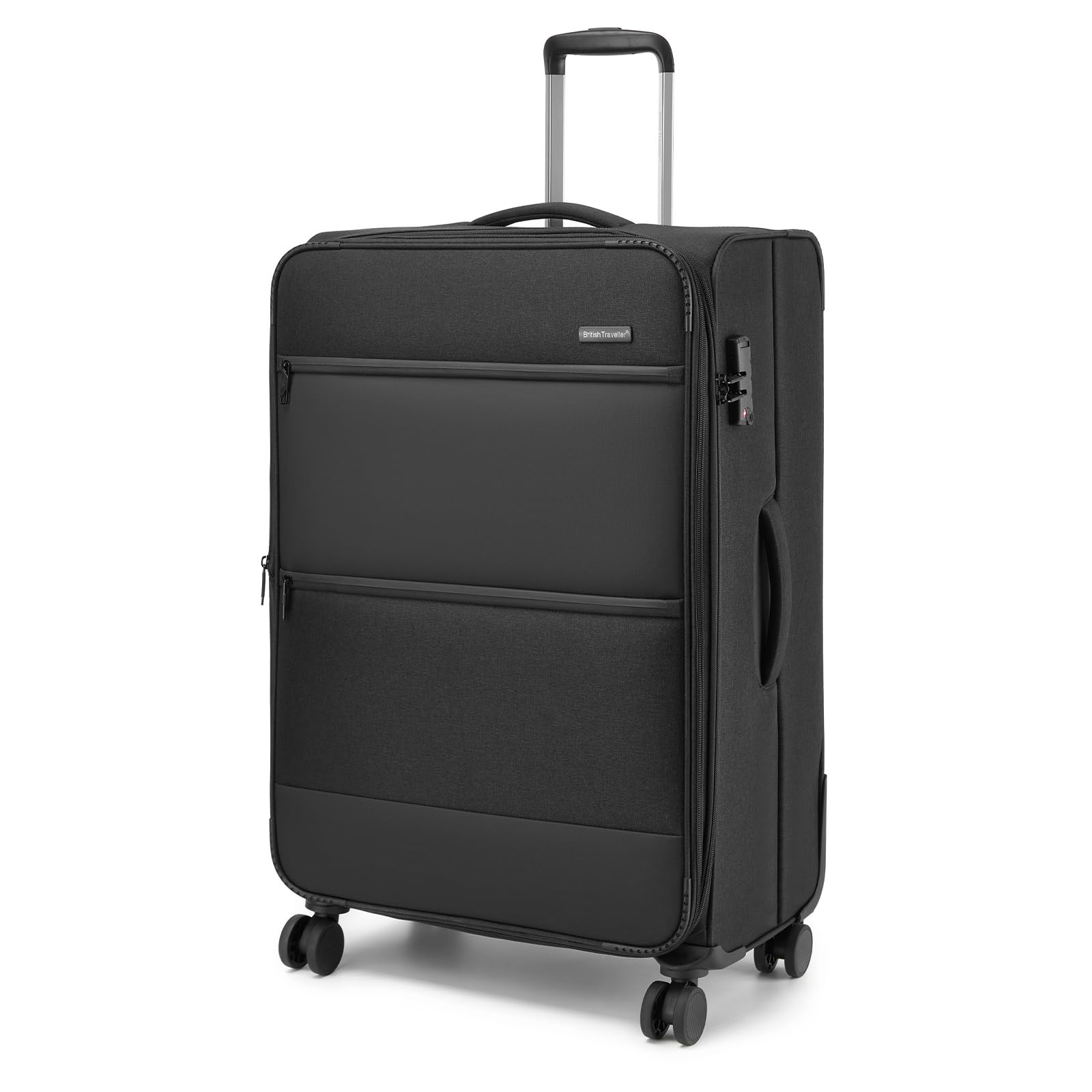 British Traveller Erweiterbarer Koffer Groß, 100L Stoff Reisekoffer mit Volumenerweiterung,4 Rollen Koffer Trolley mit TSA Schloss,79.5x49x32.5 cm (Schwarz)