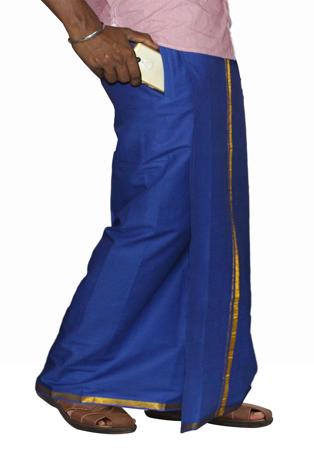 Prakasam Cotton Men's Single Blue Colour With Jari Border Welcro Pocket Dhoti (Hip Size-36)-(Length-42Inches)