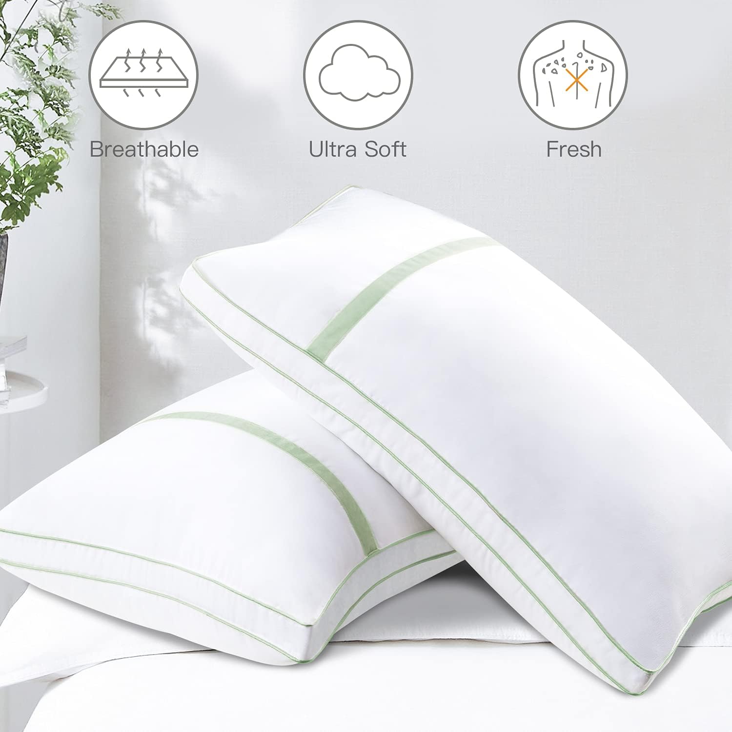 BedStory Pillows for Sleeping 2 Pack Queen Size, Hotel Quality Bed Pillow, Down Alternative Sleep Pillows with Ultra Soft Fiber Fill, Good for Back and Side Sleepers - Green : Home & Kitchen