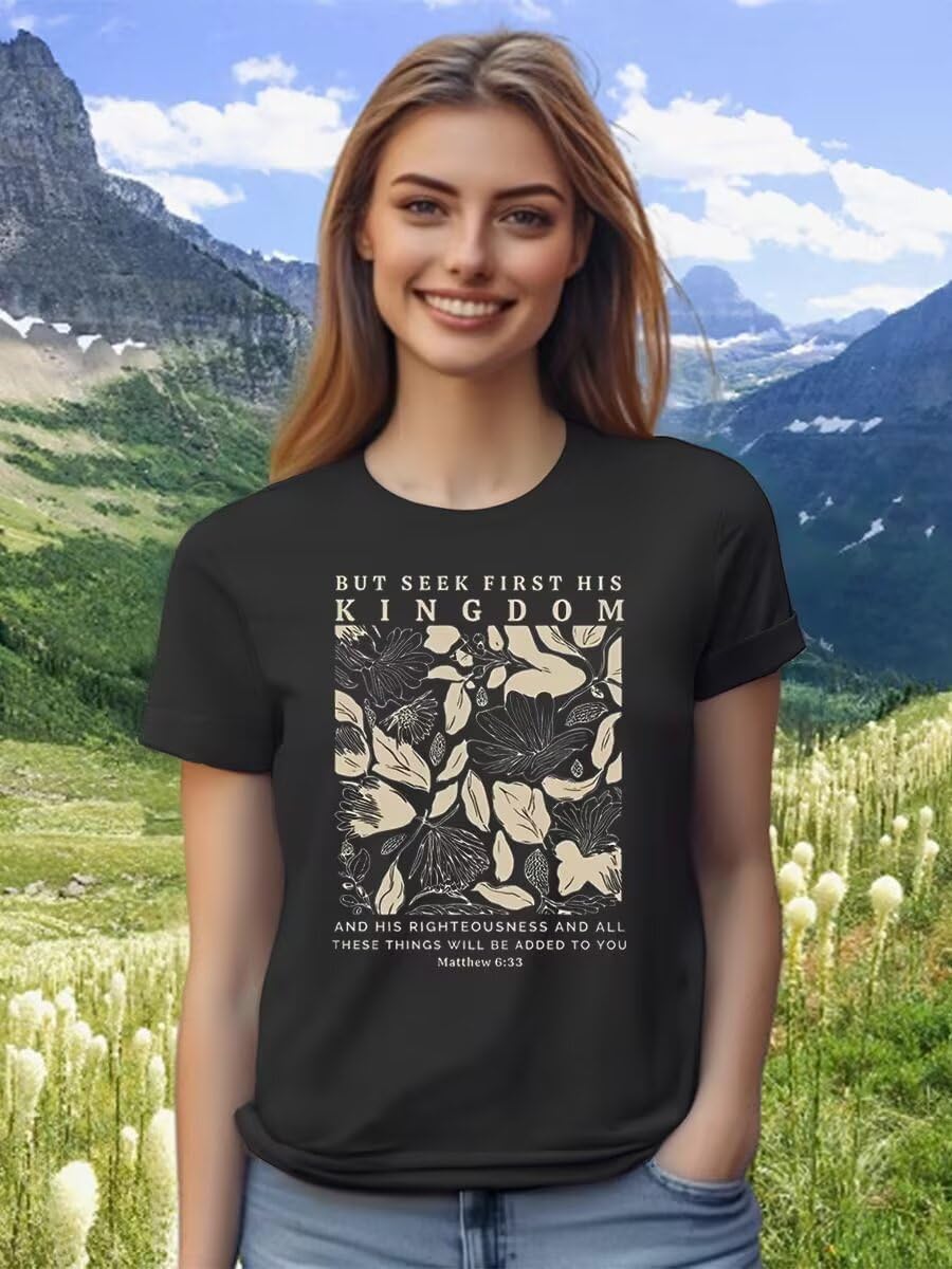 Women's Christian Bible Verse T Shirts Vintage Boho Wildflowers Graphic Short Sleeve Crewneck Floral Religious Tee Tops - Image 4
