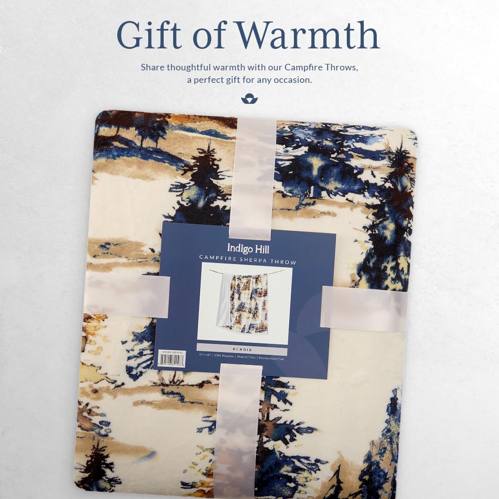 Indigo Hill by HiEnd Accents | White Pine Sherpa Throw Blanket, Pine Tree Nature Mountain Bear Deer Elk Print, Western Blanket for Camping Outdoor, Ca Indigo Hill by HiEnd Accents Acadia Sherpa Throw Blankets, Forest