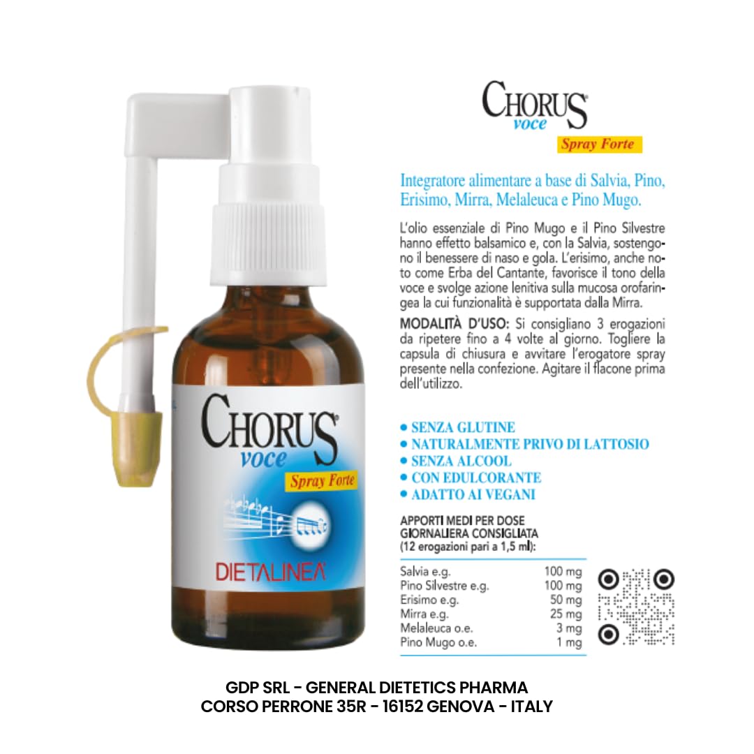 Dietalinea Chorus Voce Spray Gola Forte 20 ml | Spray gola antinfiammatorio forte per Voce e Mal di Gola | Con Erisimo, Mirra, Salvia, Pino, Miele | Per Cantanti, Insegnanti, Attori | Naturale