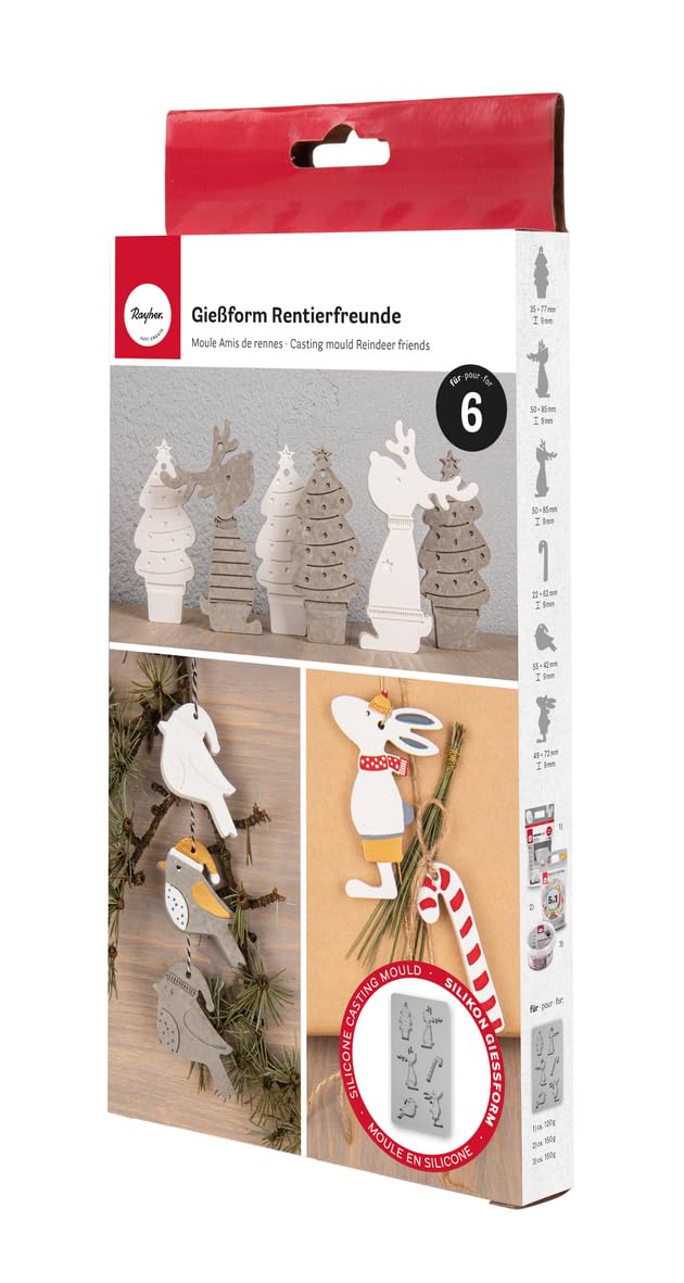 Rayher Silicone Casting Mould with Reindeer Design and Seasonal Shapes, Casting Trays with 6 Different Shapes for Plaster of Paris, Casting Resin and Concrete Crafts, 14.5x26x1cm, Grey, 36133000