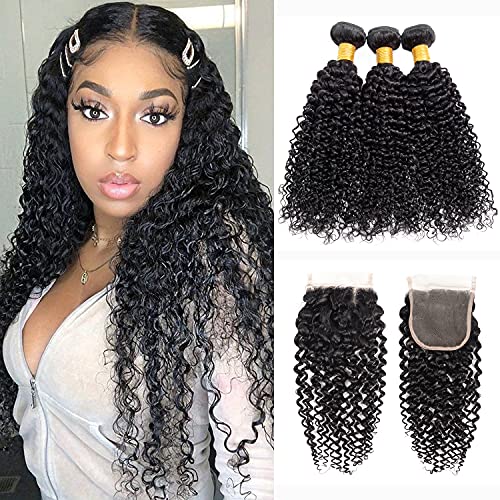 Water Wave Bundles with Closure （20 22 24+18 ） Brazilian Human Hair Bundles With Lace Frontal 3 Bundles with Closure Wet And Wavy with 4x4 Closure Natural Color
