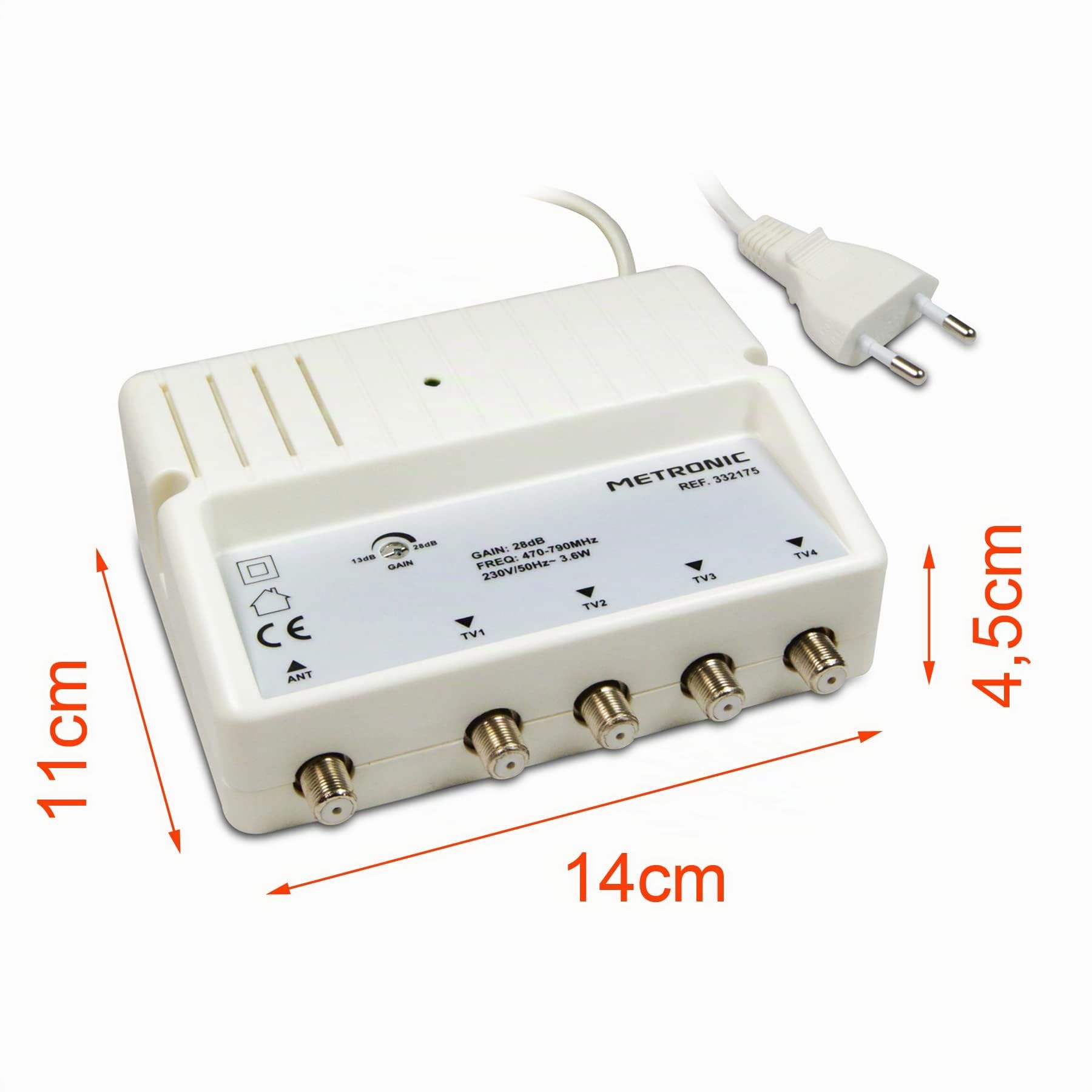 METRONIC 332175 Amplificatore splitter Antenna TV Digitale Terrestre Interno – Potenziatore di Segnale con Alimentatore, 26 dB, regolazione guadagno/4 uscite spina F – Blanco