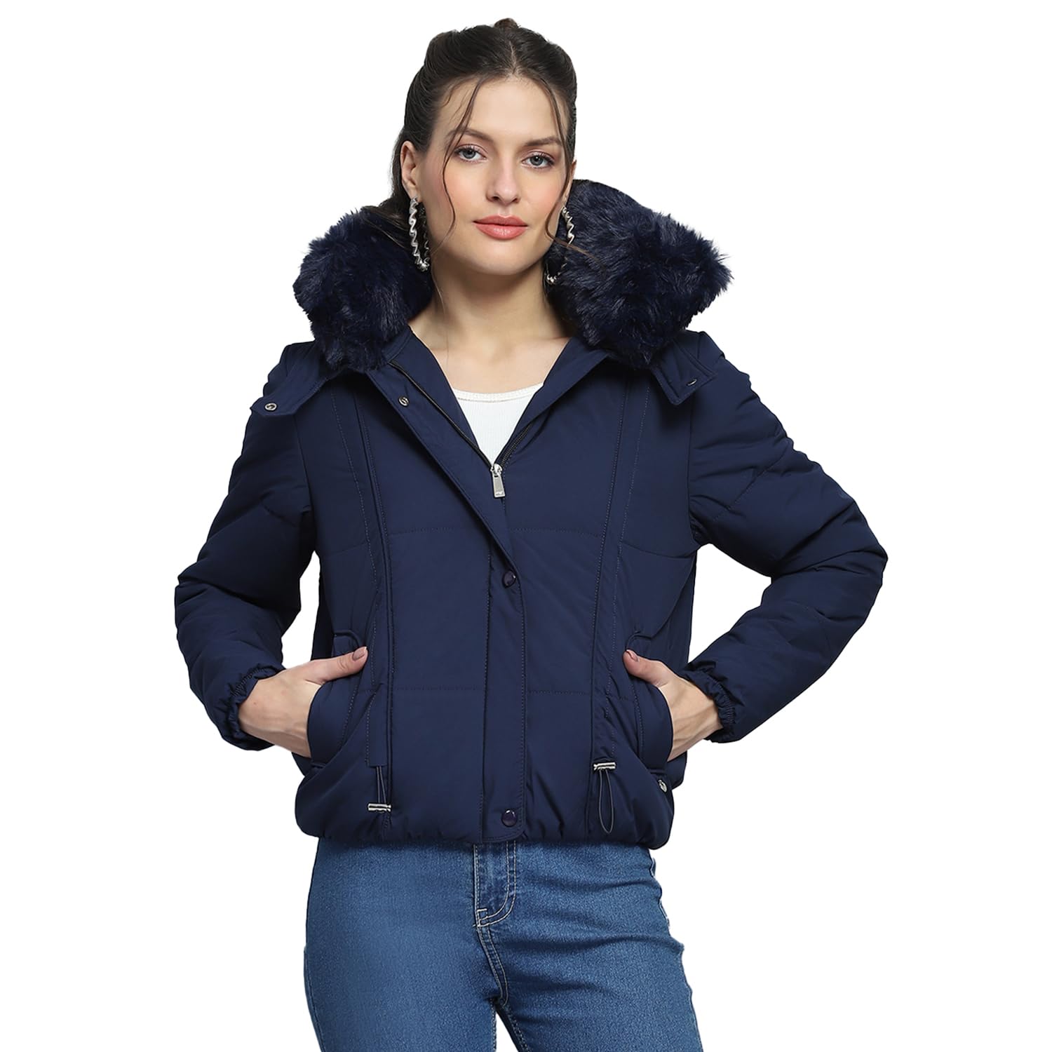 monte carlo Womens Solid Navy Blue Detachable Hood Full Sleeve Jacket-picture-10