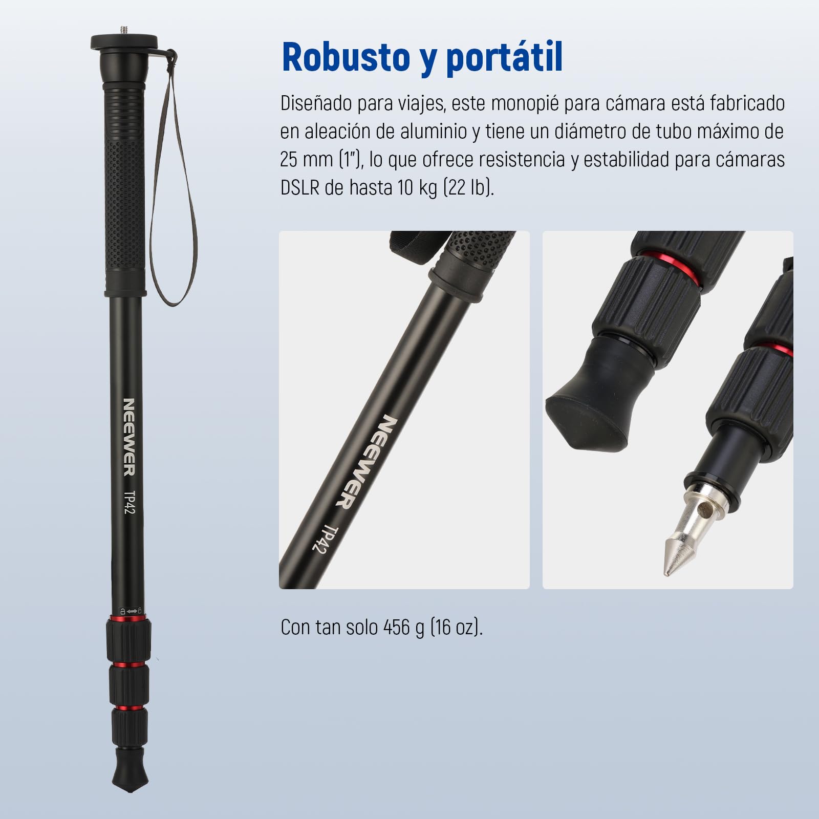 NEEWER 66,5" Monopié Cámara, Ligero Monopié Viaje Aluminio para Videocámaras DSLR, Fotografía y Grabación, Adaptador de Rosca de 1/4" y 3/8", Palo Selfie de Trekking, Carga Máxima de 10kg, TP42