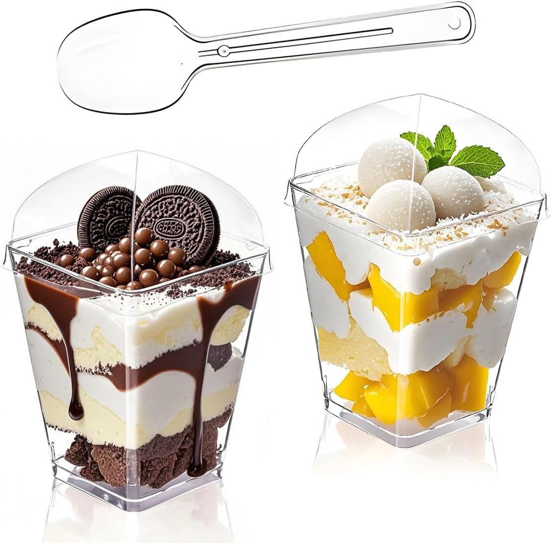 50Pack 5oz Plastic Dessert Cups with Lids and Spoons, Clear Mini Square Parfait Yogurt Cups, Appetizer Pudding Shooter Fruit Trifle Ice Cream Mousse Cup for Party (5 oz)