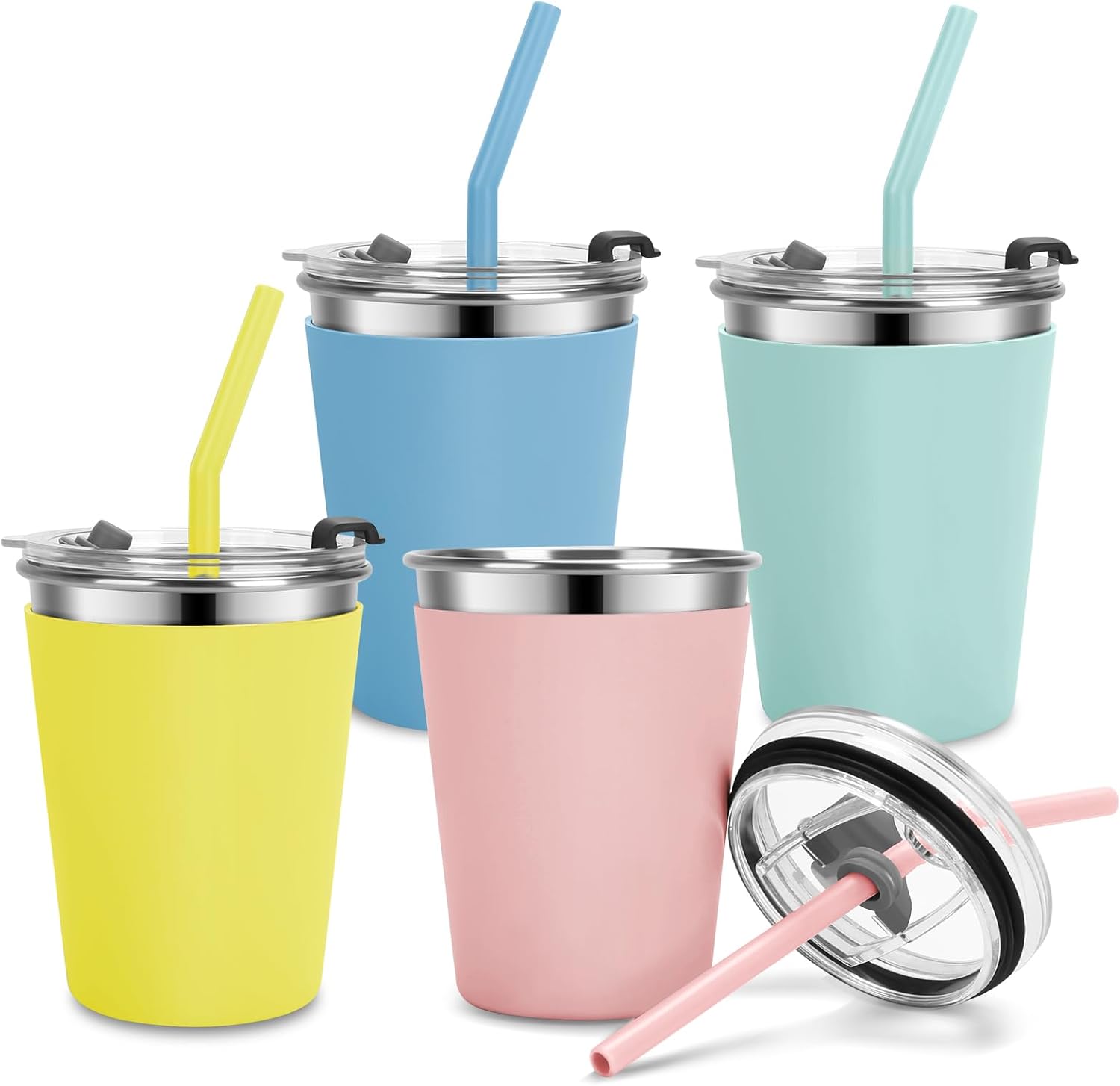 Kids Cups with Straws and Lids Leak Proof, 12oz Sippy Cups for Toddlers 1-3, 4 Pack Toddler Cup Spill Proof Stainless Steel Kids Cups with Lids for School, Outdoor Blue,Green,Yellow,Pink