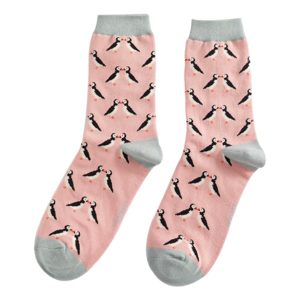 Mr Sparrow Kissing Puffins on Dusky Pink Womens Novelty Ankle Socks Adult One Size