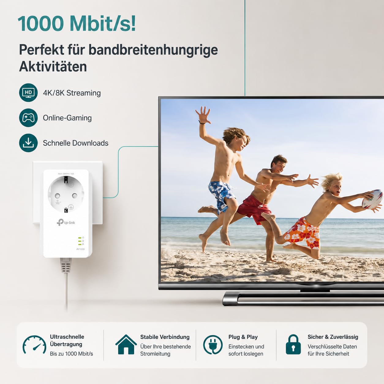 TP-Link Powerline Adapter Set TL-PA7017P KIT(1000Mbit/s, mit Steckdose, Gigabit-Port, Plug&Play, Kompatibel mit HomePlug AV/AV2 Powerline Adaptern, Ideal für Media-Streaming)