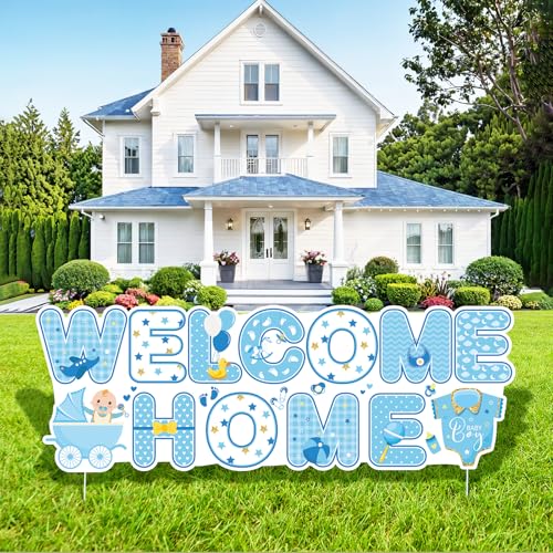 Baby Shower Yard Sign Decoration Welcome Home Baby Boy Yard Sign with Stakes Blue Gender Reveal Lawn Sign Outdoor Decor for Baby Boy Newborn Announcement Party Decorations