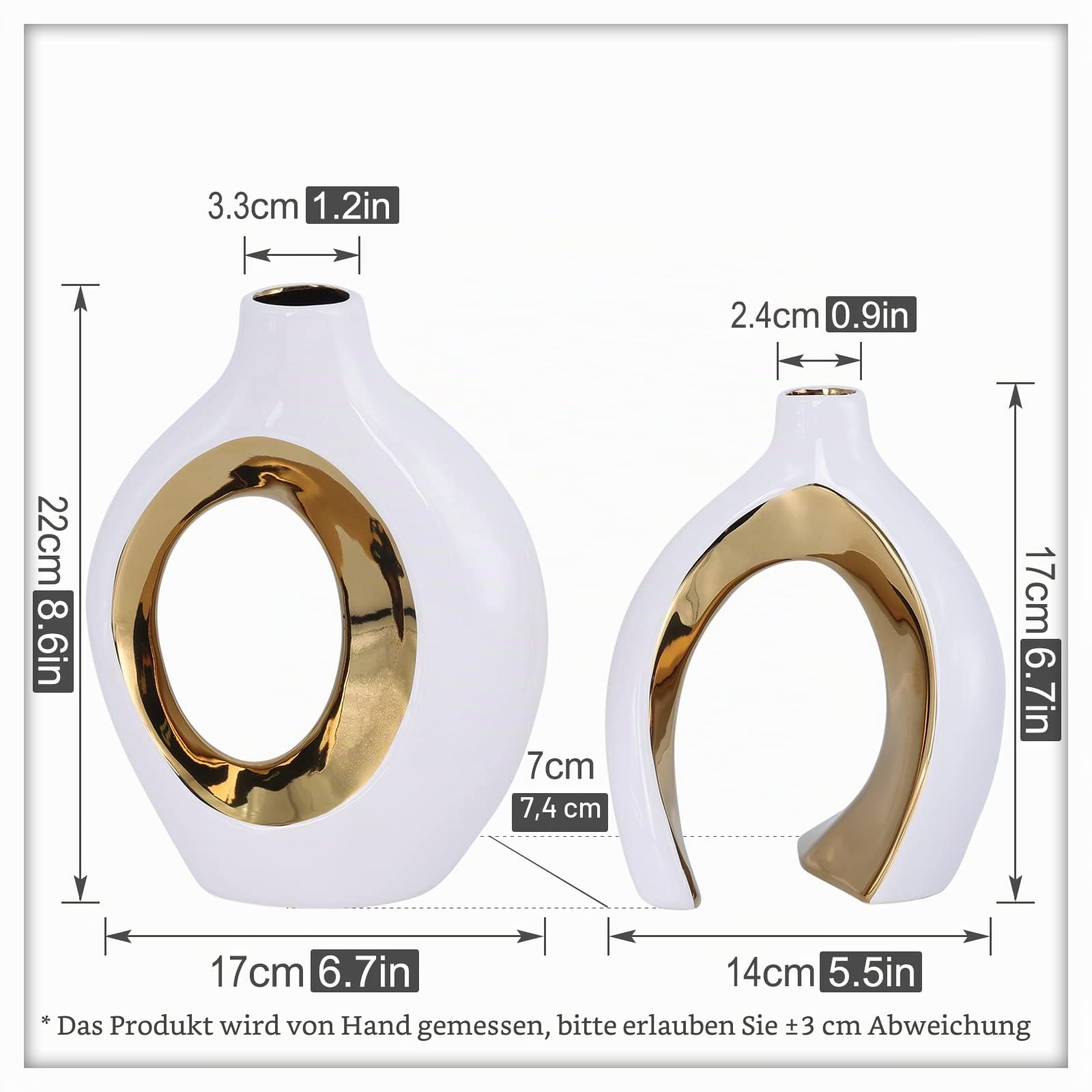 keramische Vase Dekor 2pcs Set, Moderne böhmische Dekoration, Weiß und Gold skandinavischen minimalistischen Stil Raumdekoration, geeignet für Tisch Centerpiece, Bücherregal, Kamin Home Decor(W+G)