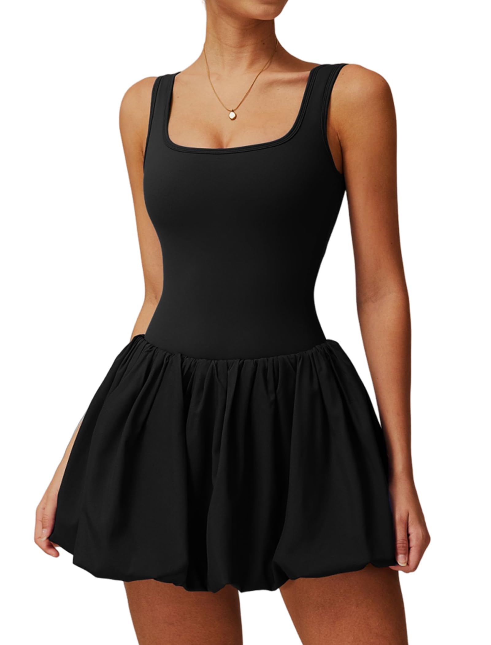 Women's Tennis Dress - Backless Sleeveless Yoga Athletic Square Neck Mini Golf Dress With Built-in Bras & Shorts, Pockets for Sports Active Exercise Workout - Black M