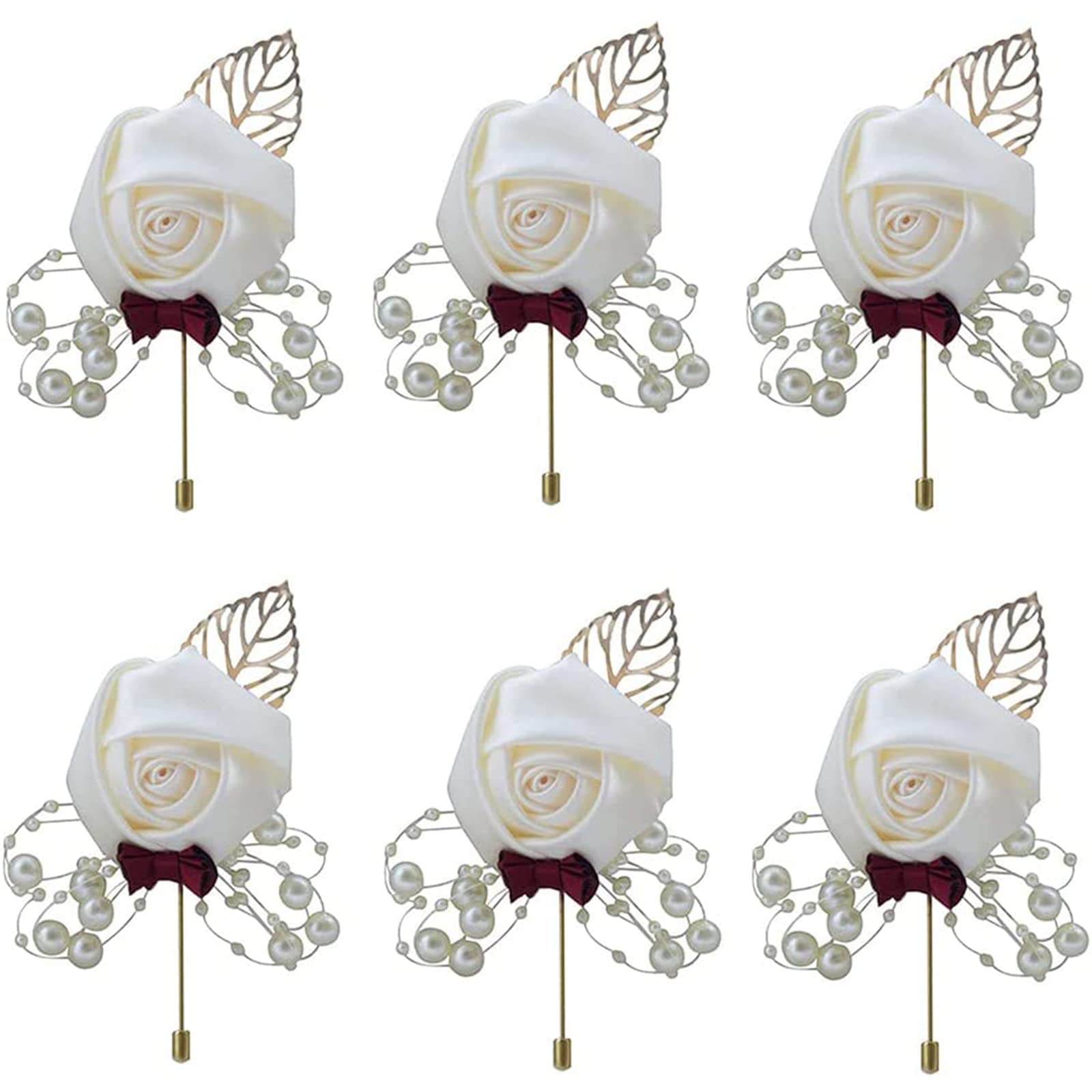 Ramillete de Flores, 6 Piezas Boutonniere de Boda, Ramillete De Rosa De Flores, Ramilletes Bodas, Ramillete Muñeca Flor de Muñeca Boda para Novio, La Novia y Los Invitados(Crema Ligera)