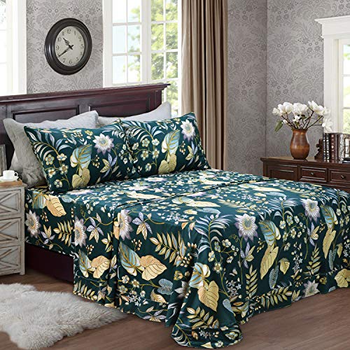 Image of FADFAY Sheets Set Queen Teal Elegant Floral Sheets Tropical Plam Leave Sunflower Bedding 800 Thread Count Luxury Summer Bedding 100% Egyptian Cotton Deep Pocket Bed Sheets Set, 4 Pieces-Queen Size