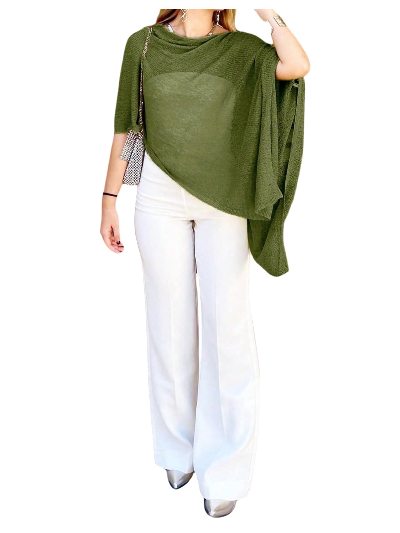 GORGLITTER Womens Sheer Knit Poncho Shawl Boat Neck Bat Wing Tops Lightweight Pullover Sweater 2025 Trendy
