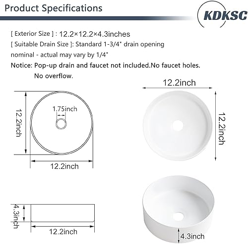 Vista 3 de Small Bathroom Vessel Sink 12"x12" Round Bathroom Sink White Ceramic Bathroom Sinks Modern Above Counter Art Basin