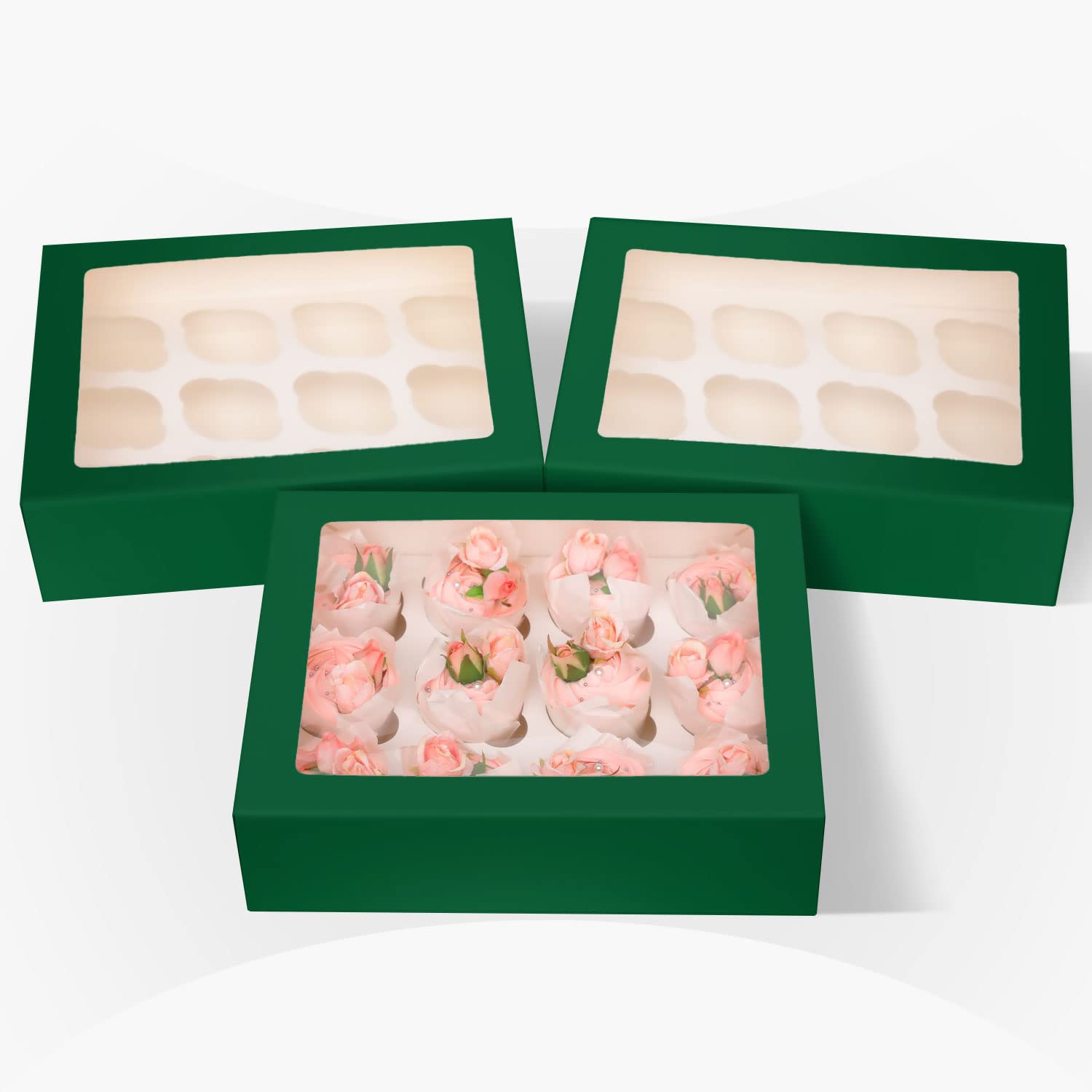 Gcardist Auto-pop Up 12 Cupcake Boxes with Window Deep Green 6 Packs Cupcake Box 33x25.4x9cm Bakery Boxes for Cupcakes Carrier Cupcake Containers - Image 3