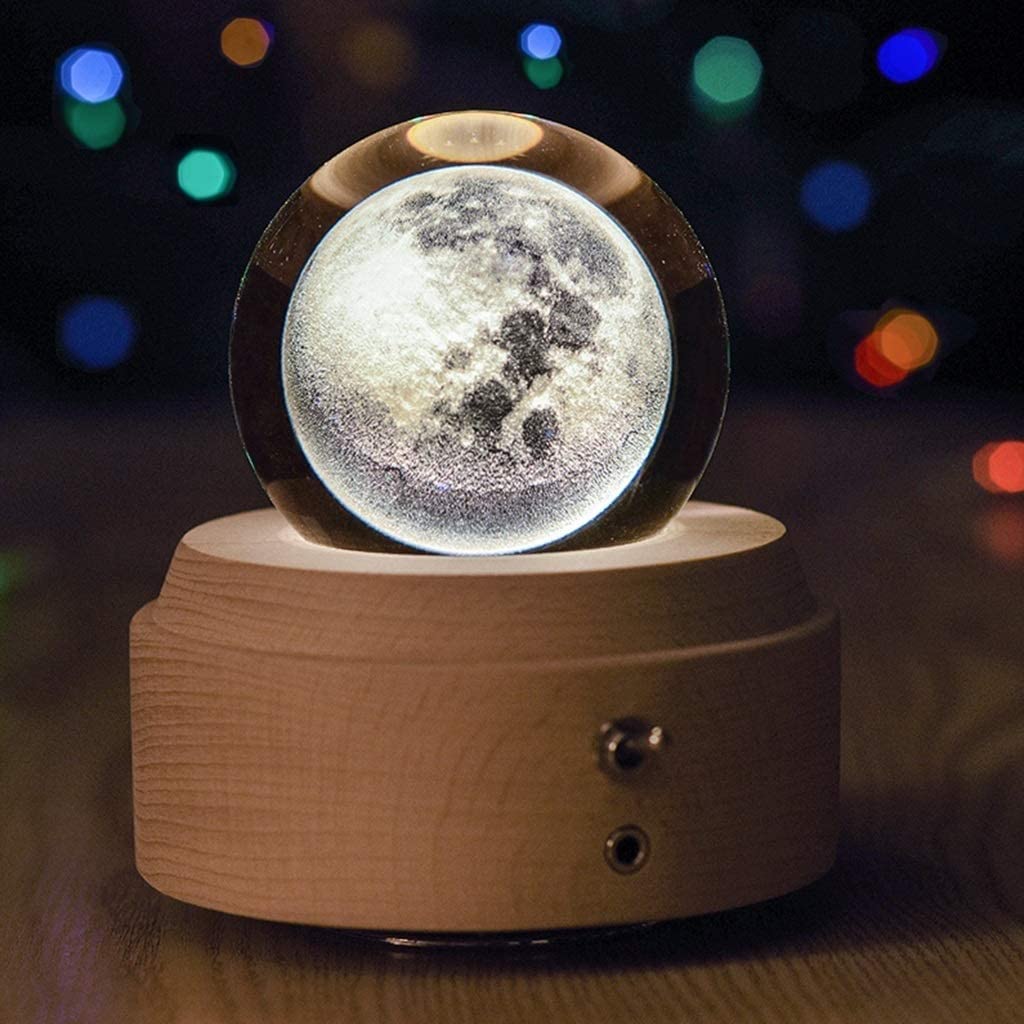 TsoLAY HSF Moon 3D Music Box Crystal Ball Base in Legno Carillon Rotante con Luce a LED Regalo per San Valentino Natale (Color : Natural, Size : A)