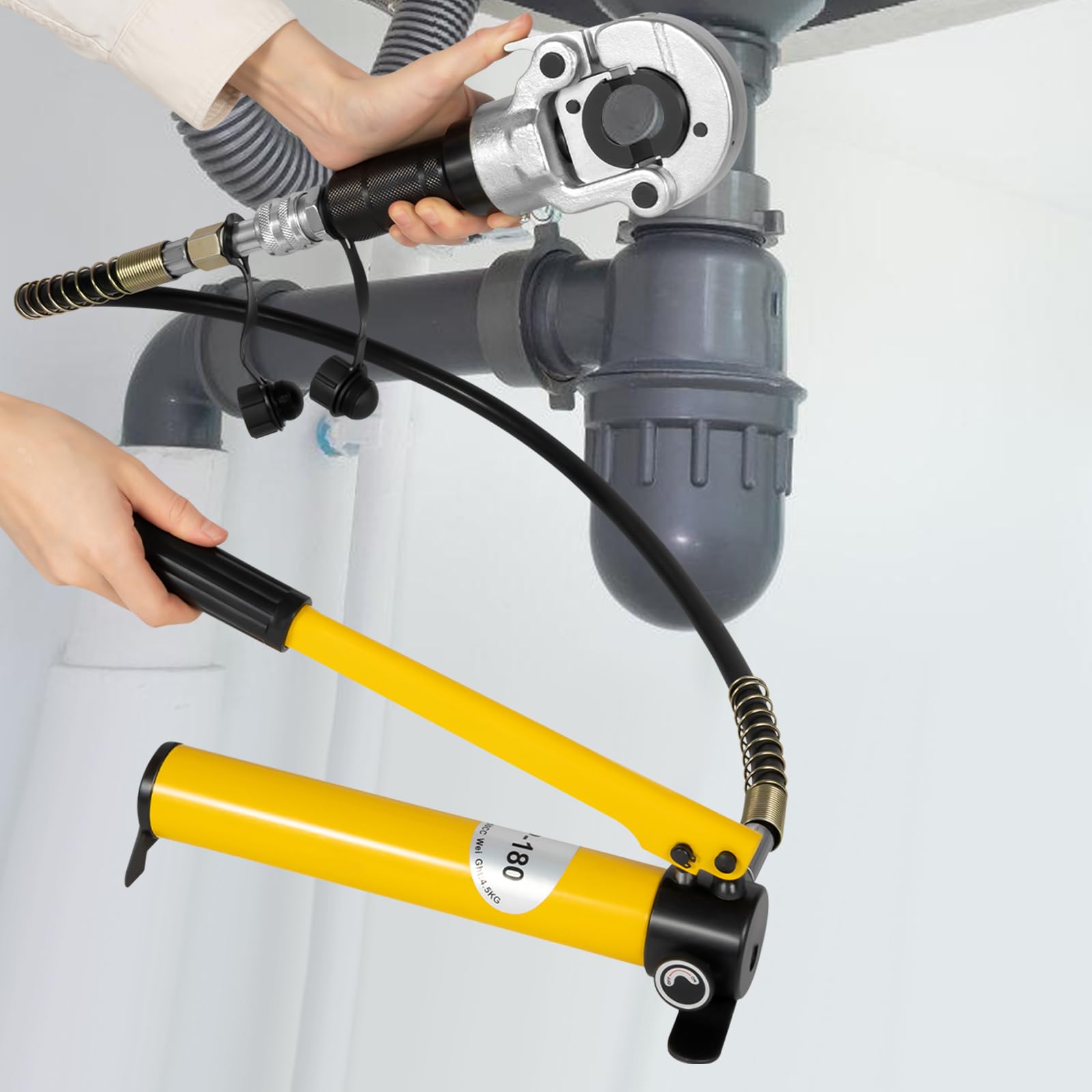 Narzędzie hydrauliczne, ciśnienie 6 ton, z ręczną pompą hydrauliczną i wężem hydraulicznym 113 cm, w zestawie 9 wymiennych matryc ze stali węglowej do tłoczenia rur, kolor żółty