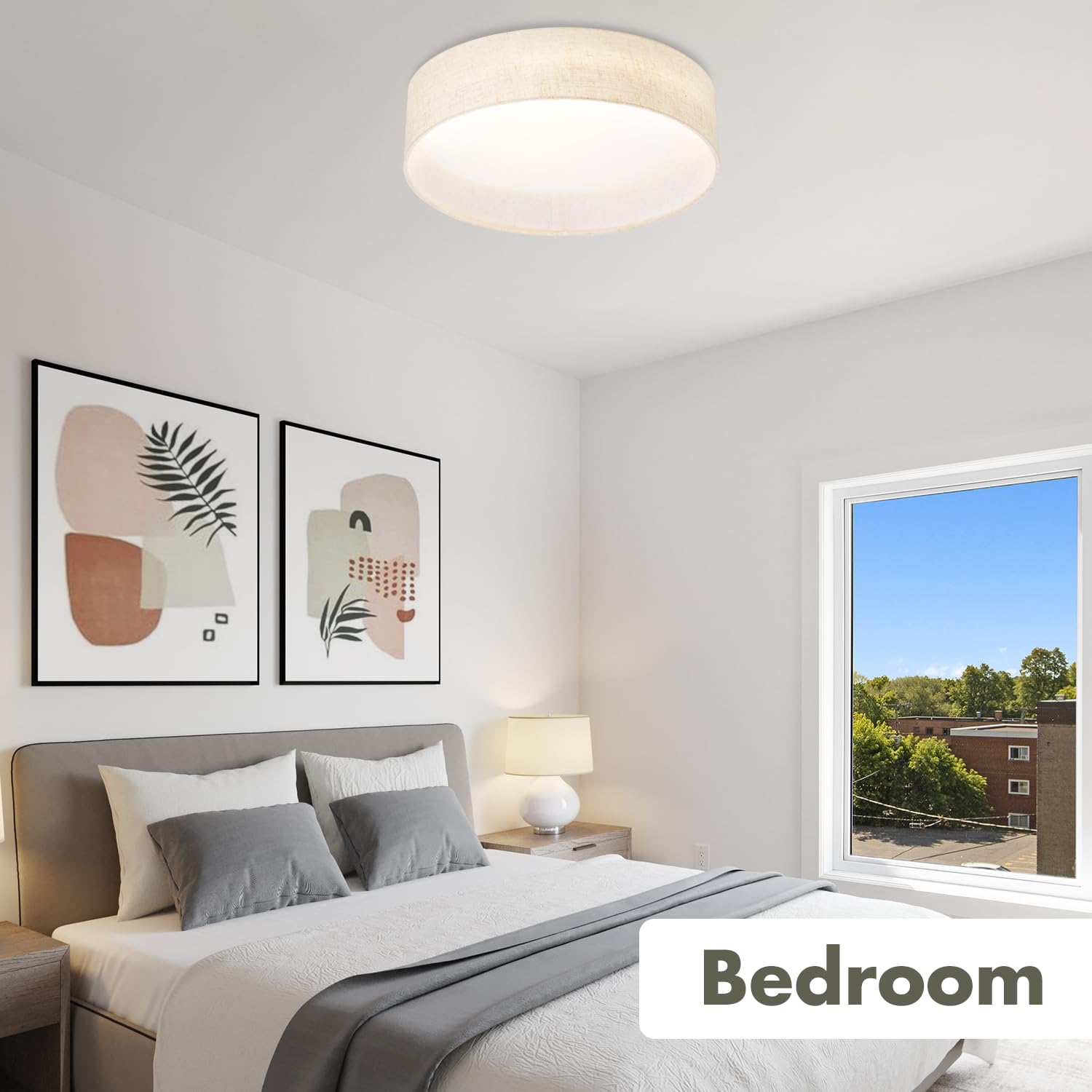 Hamilyeah Close to Ceiling Light Fixture with Fabric Shade, Dimmable LED Ceiling Light Flush Mount 24W, Modern 12 inch Round Light Fixture Ceiling Mount Overhead 3000K for Bedroom,Kitchen,Living Room