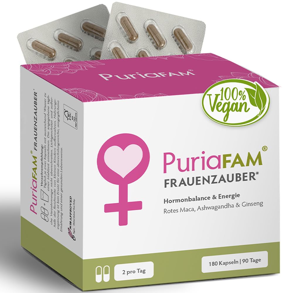 PuriaFAM® Frauenzauber, rotes Maca, 180 Kapseln, Ashwagandha, vegan - Hergestellt in DE - Hormon Balance Frauen