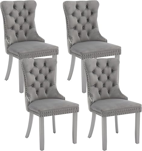 Miniatura 65 de Juego de 4 sillas de comedor de terciopelo beige, sillas tapizadas modernas para comedor con respaldo capitoné y acentos de madera, patas curvas de