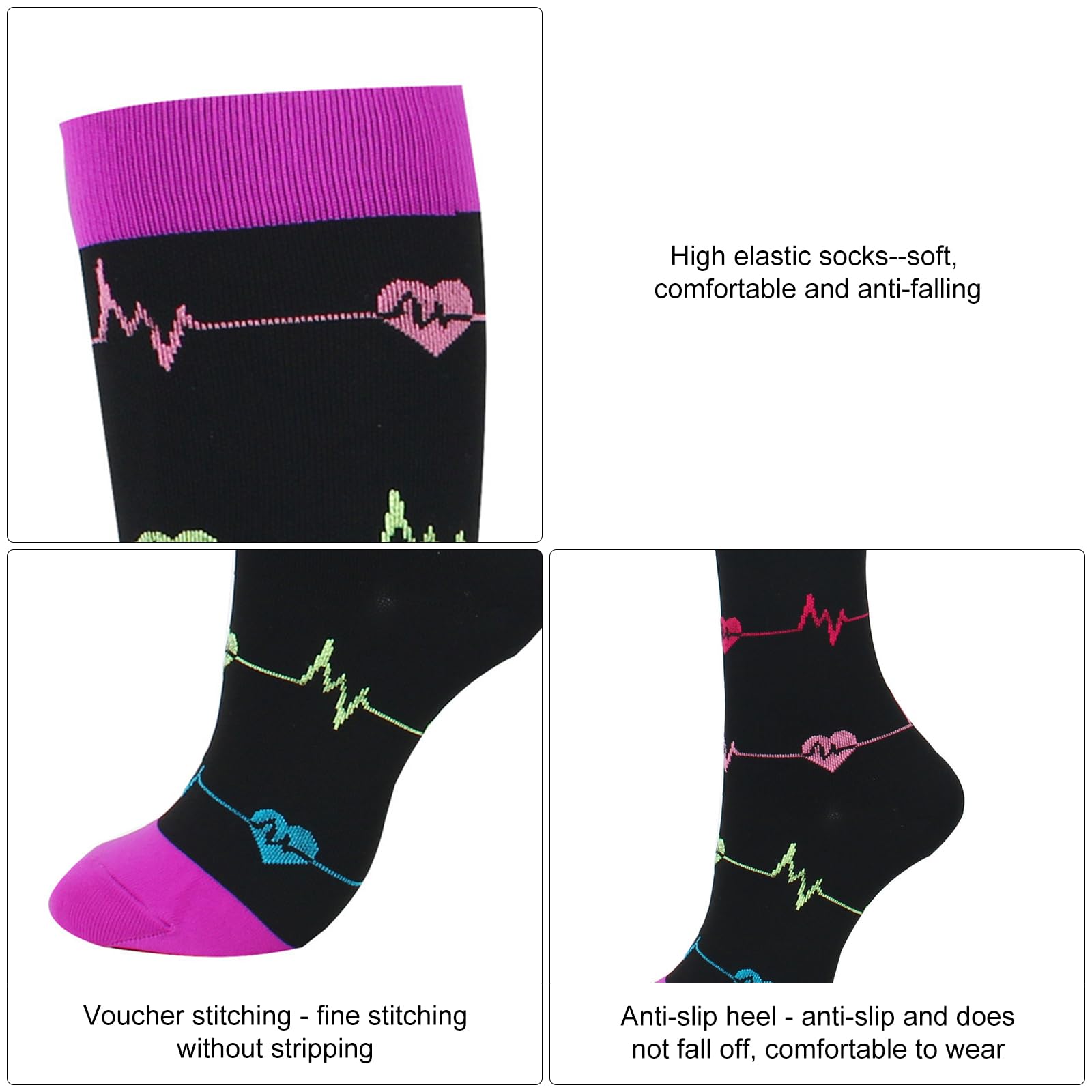 Lot de 5 paires de chaussettes de compression pour homme et femme - Chaussettes de contention sportives colorées - Chaussettes de compression - Respirantes - Pour la course, le cyclisme et les voyages