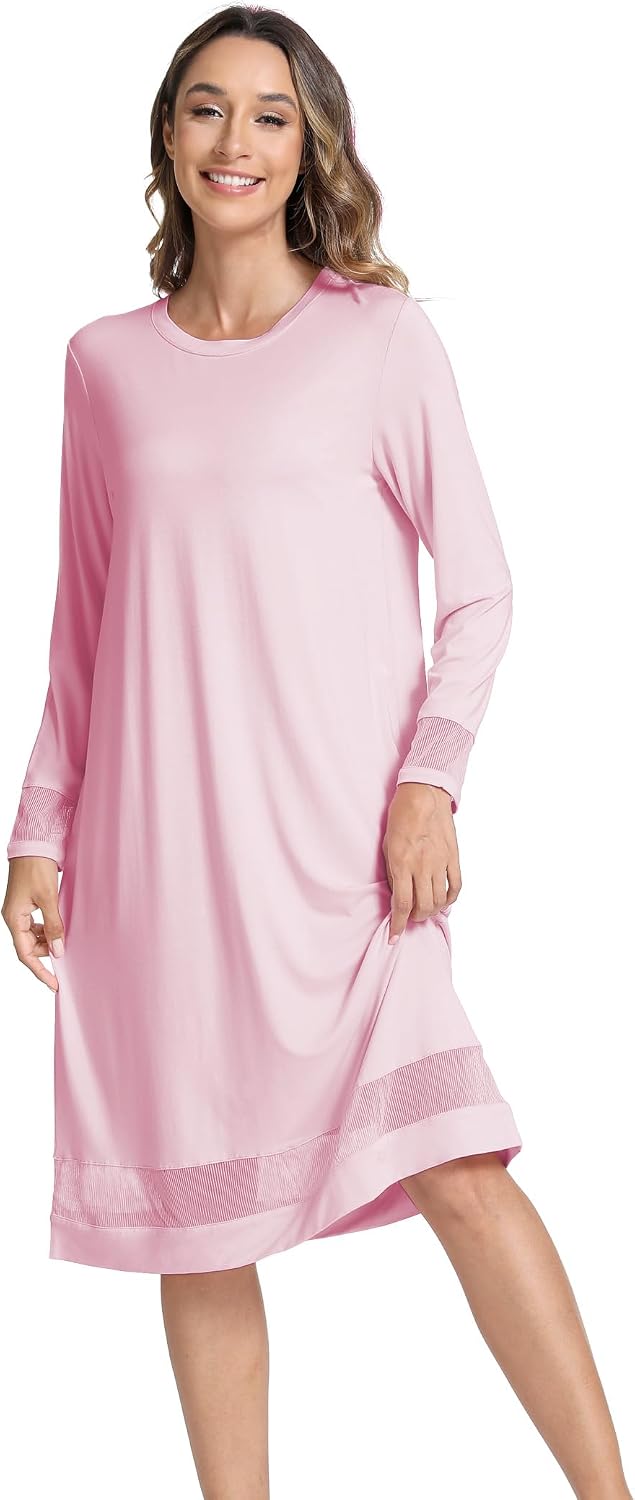 GYS Bamboo Viscose Women's Nightgowns Long Sleeve Spliced Lace Sleep Shirts