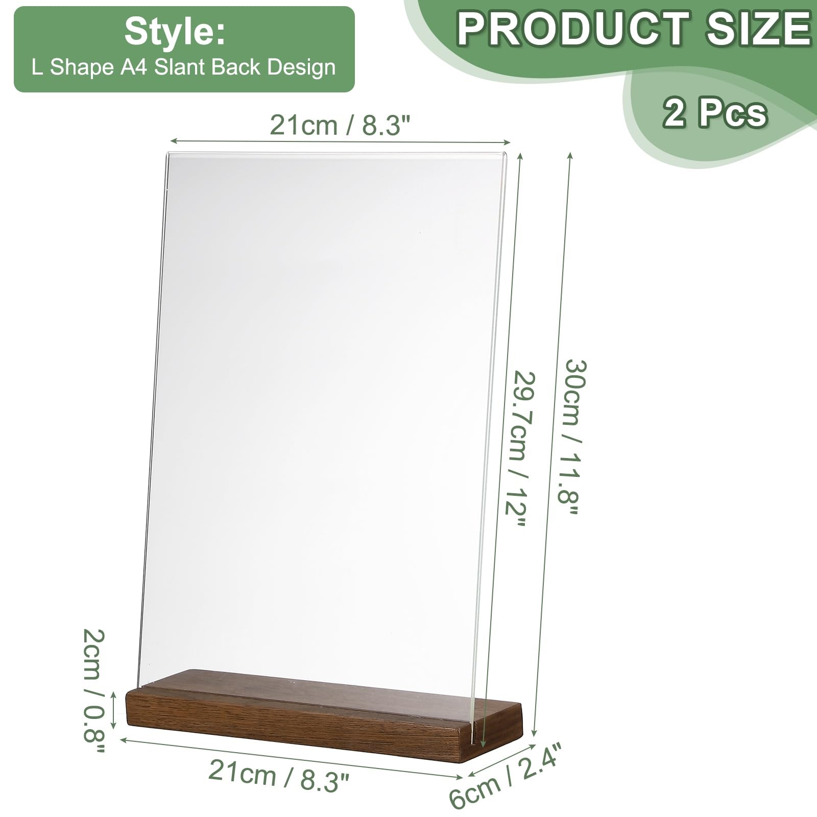 PATIKIL Letrero acrílico de 8 x 12 pulgadas, 2 soportes acrílicos en forma de L con base de madera, diseño de parte trasera inclinada, soporte de papel transparente A4 para exhibición de mesa, menú