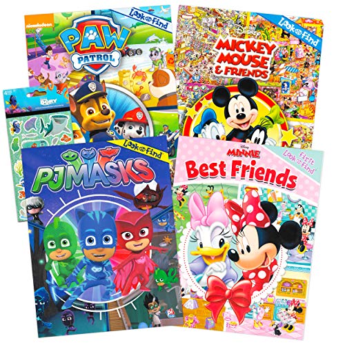 Disney Nickelodeon Look and Find Book Bundle Activity Book Set ~ 4 Pack Look and Find Books for Kid with Games, Puzzles, Mazes, Stickers Featuring Paw Patrol, Minnie Mouse, Mickey Mouse, PJ Masks