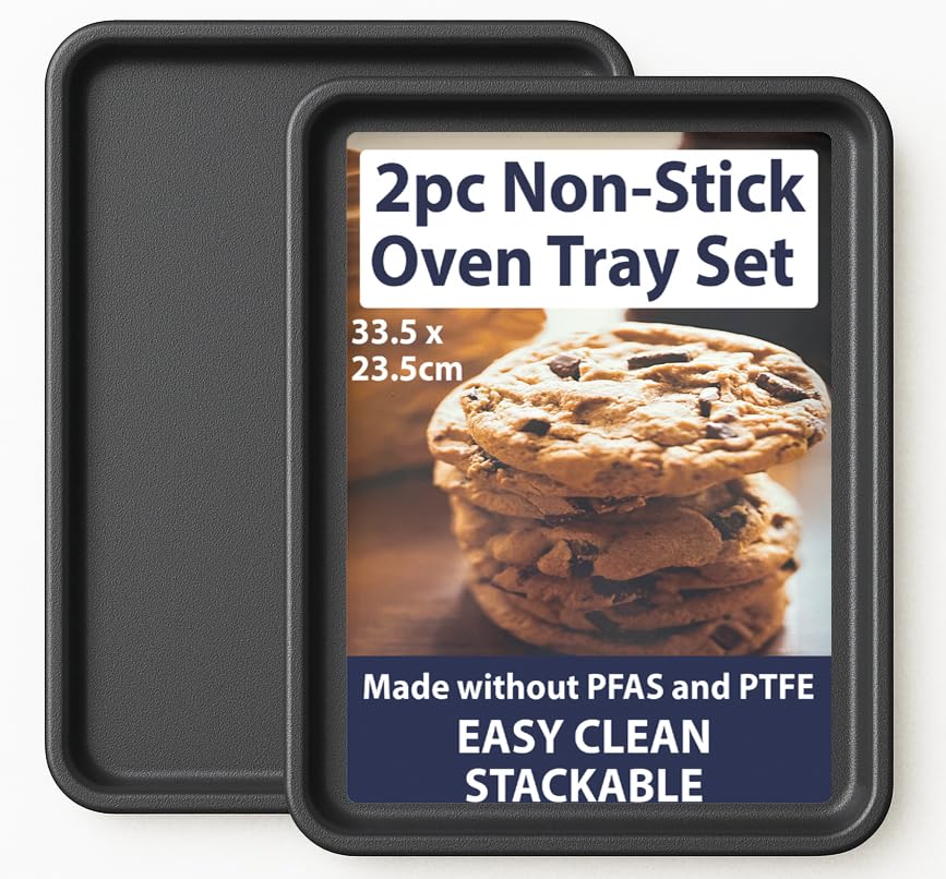 Set of 2 Premium Non-Stick Oven Trays Sheets Set – 33.5 x 23.5 x 2.4 cm | Lead, PFAS & PTFE Free | Deep, Stackable, Easy Clean, Dishwasher Safe | Perfect for Roasts, Baking & Tray Bakes
