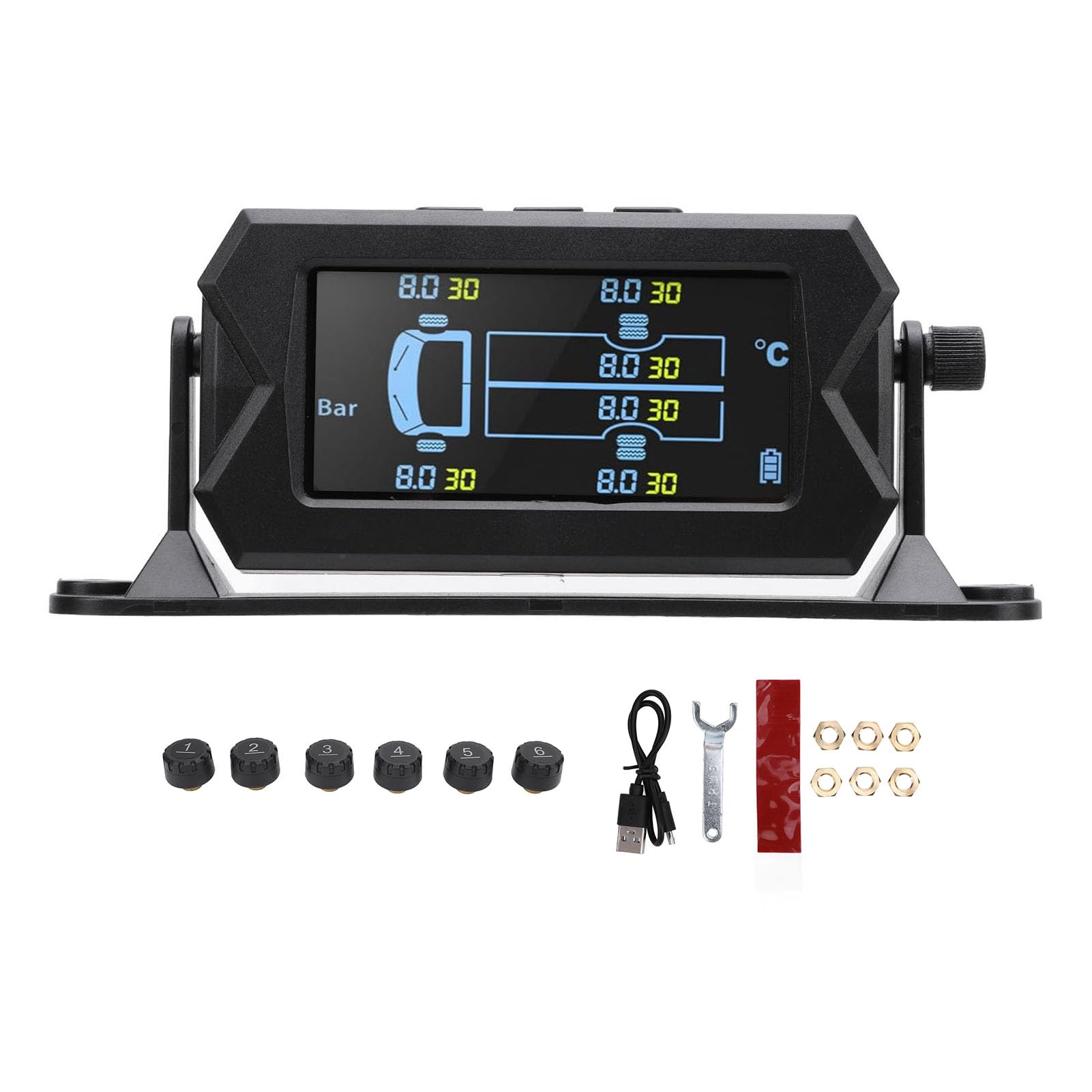 Akozon di Monitoraggio della Pressione dei Pneumatici Carica Solare TPMS con 6 Sensori per Camion RV Monitoraggio in Tempo Reale della Pressione e della Temperatura (8bar)