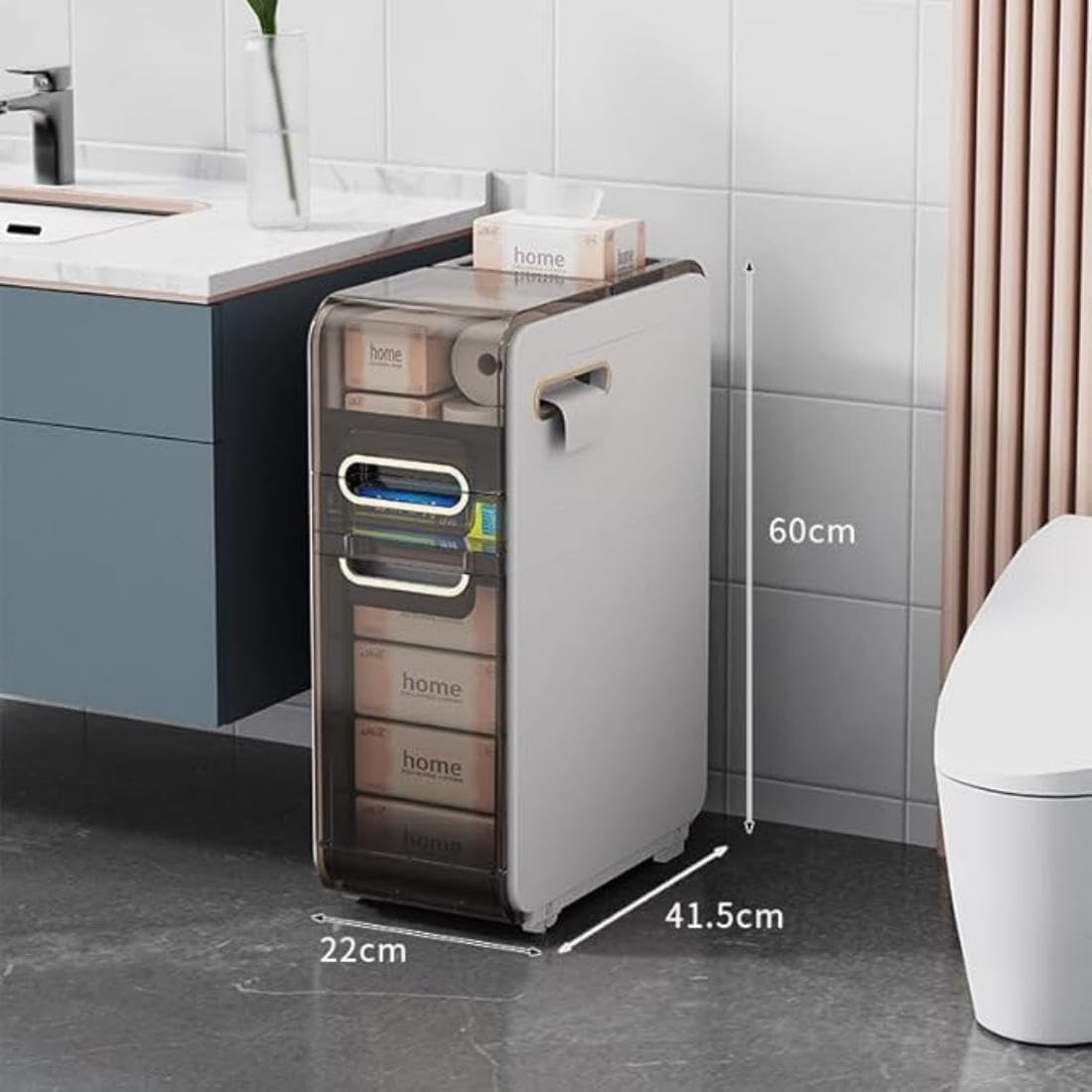 Slim Bathroom Floor Cabinet with 2 Drawers, Narrow Storage Cabinet Small Toilet Paper Holder Mobile Cabinet with Wheels Freestanding Nightstand for Bathroom Living Room