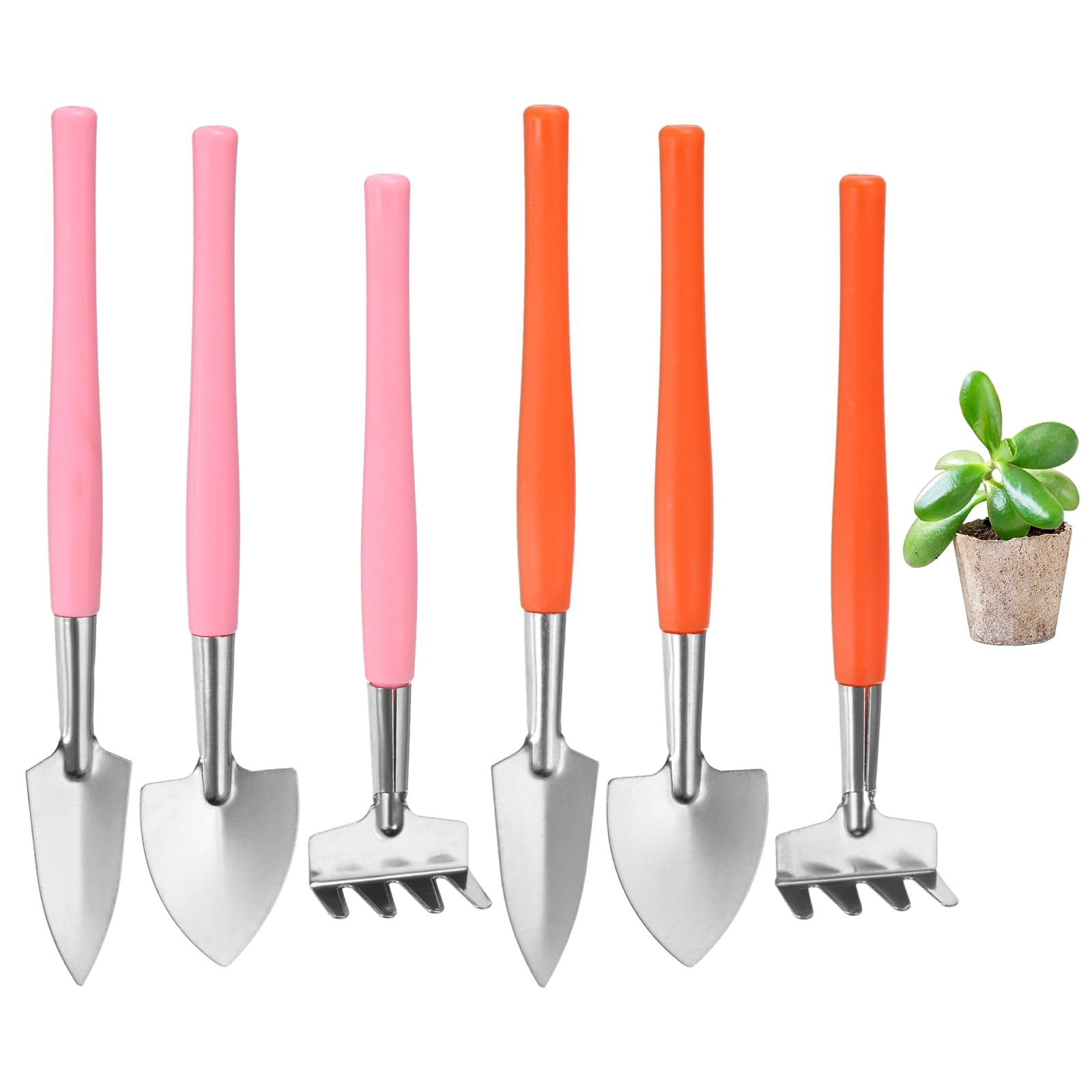 M METERXITY 2-Set Mini Gardening Tools, Stainless Steel Miniature Gardening Rake, Trowel, and Shovel for Seedlings/Bonsai/Succulents/Herbs/Terrariums and Planting [Orange/Pink]