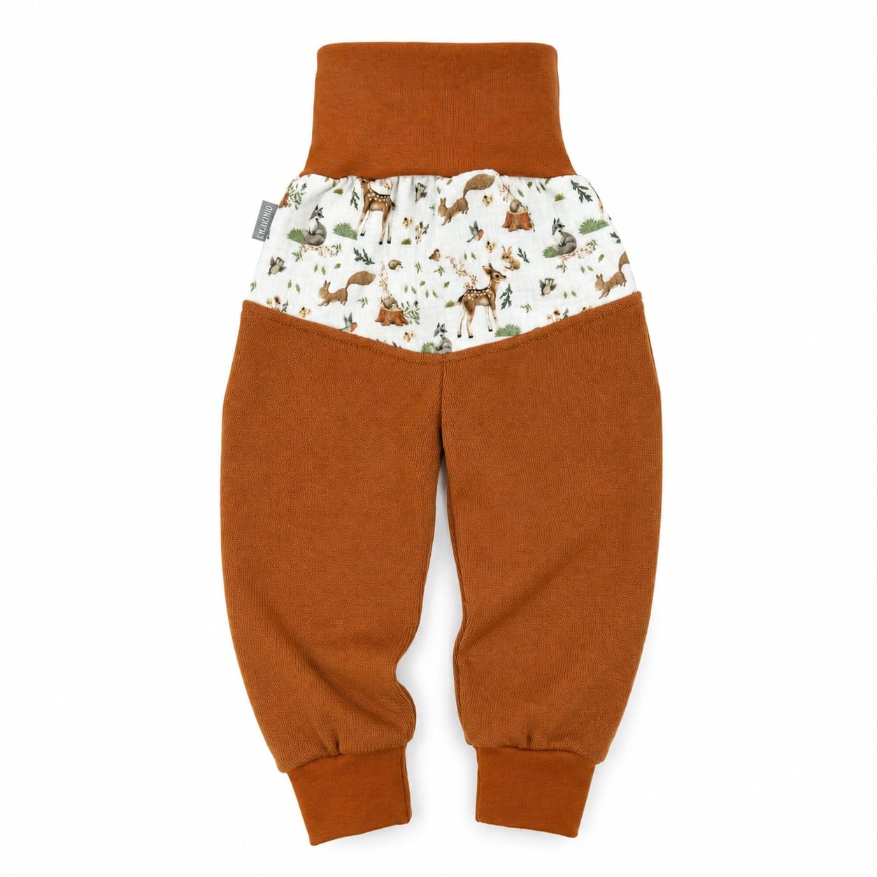 Lilakind Strick Pumphose Kinder | Musselin mit Waldtier-Muster | Babyhose Kleinkindhose | 100% Baumwolle | Terra | Größen 74/80-104/110