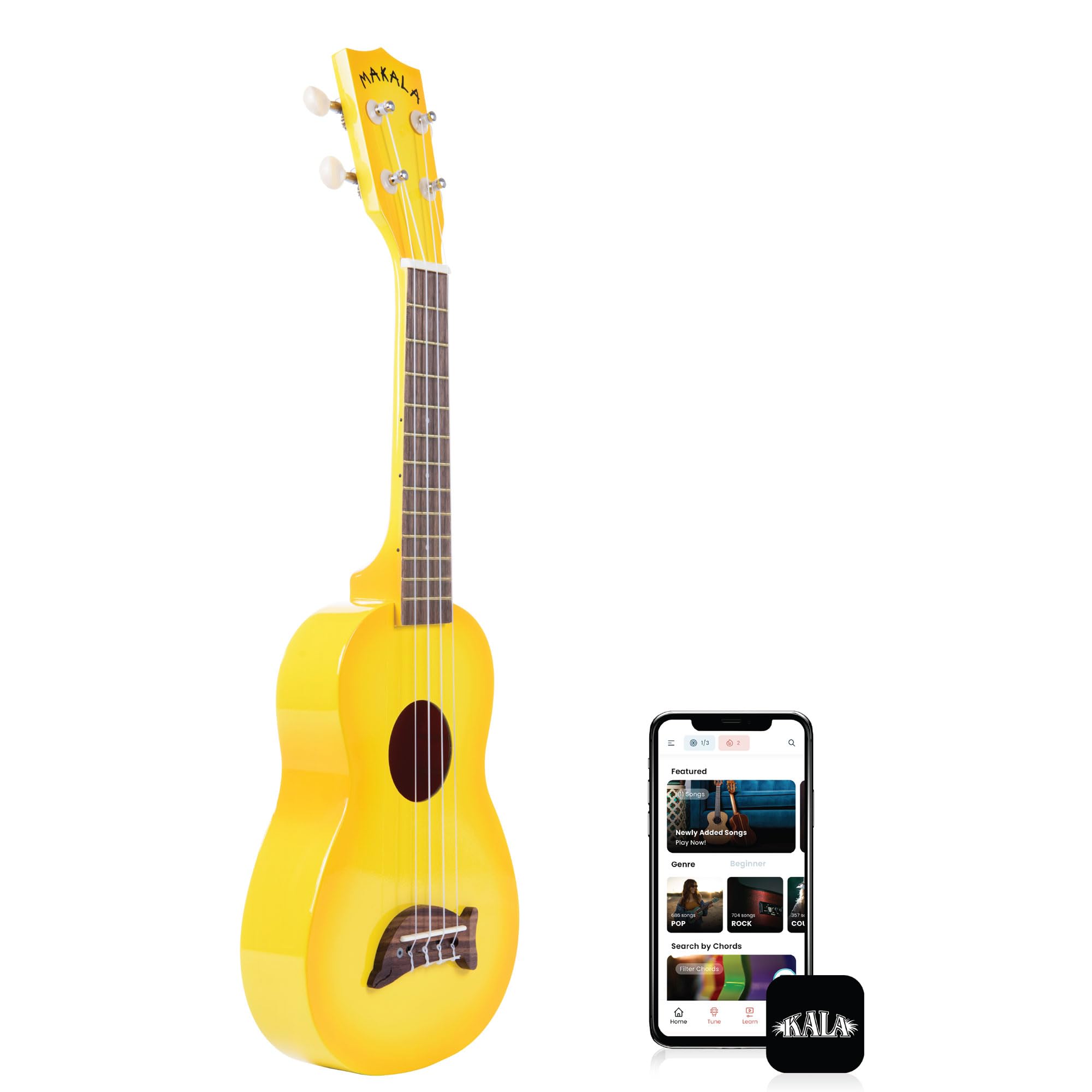 Kala Brand Music Co. Makala Dolphin, 4-String Ukulele, Right, Yellow Burst, Soprano Fun Design, Aquila Strings, & Durable Build
