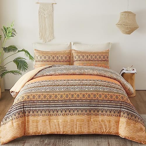 Goodidea Boho Floral Comforter Set 3Pcs Paisley Bohemian Yellow Printed Comforter Set Medallion Exotic All Season Soft Microfiber Queen Bedding Set