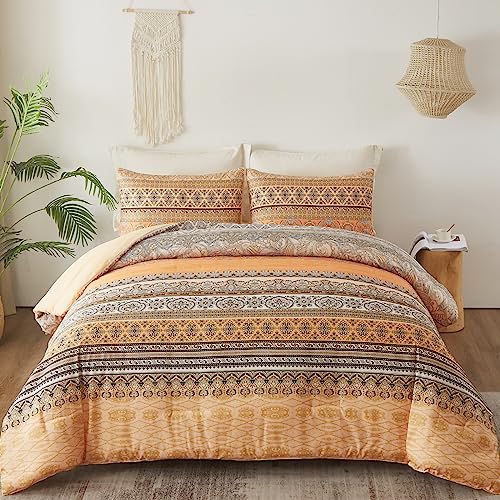 Goodidea Boho Floral Comforter Set 3Pcs Paisley Bohemian Yellow Printed Comforter Set Medallion Exotic All Season Soft Microfiber Queen Bedding Set #TOP28