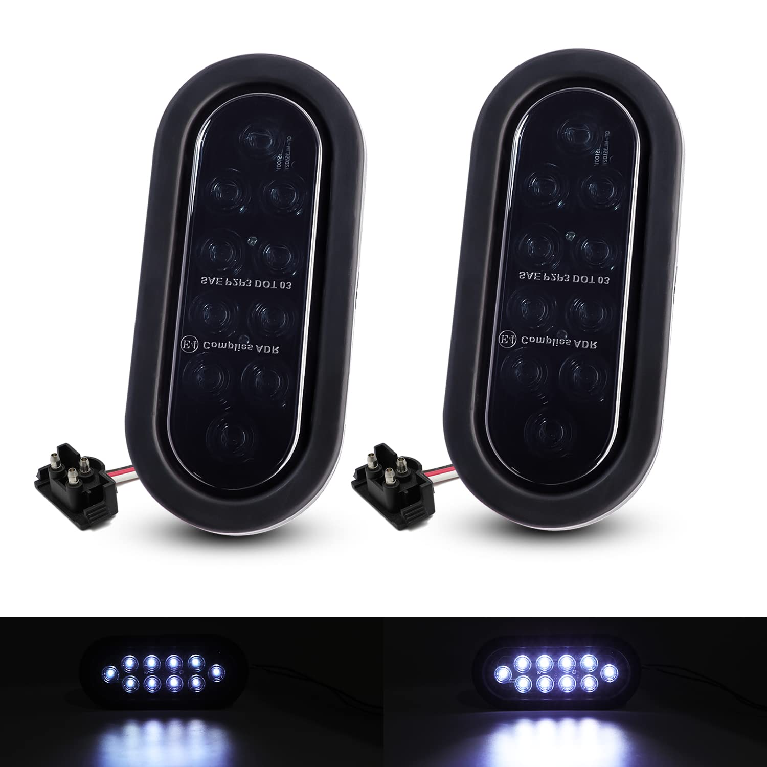 TMH ( Pack of 2 ) 6" 10 LED Smoked Lens Oval Flush Mount White Reverse Back Up Turn Signal Marker Tail LED Light for Truck Trailer RV Bus 12V Rubber Grommet & Plug Included