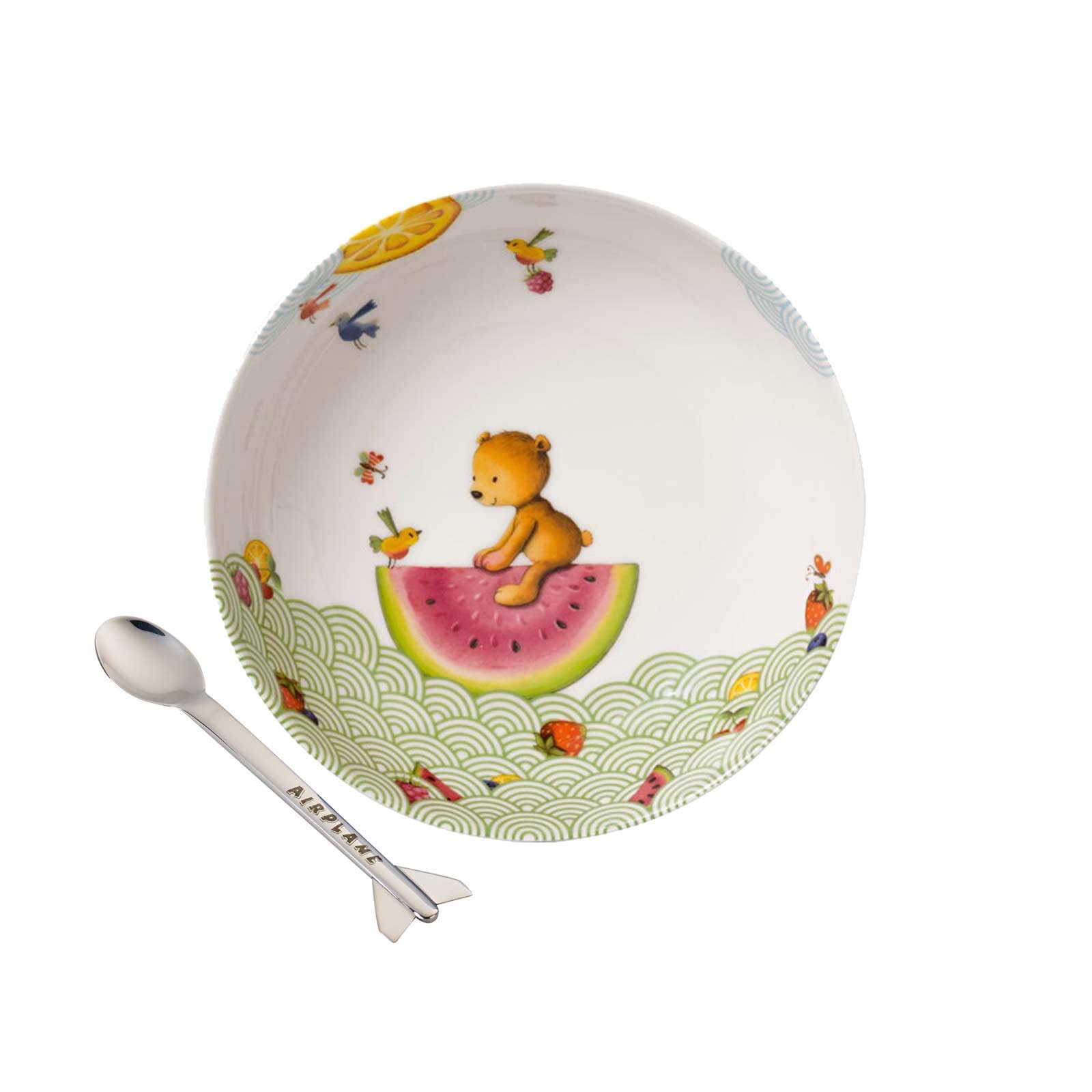 Villeroy & Boch Hungry as a Bear Essen-Set mit Löffel 3-teilig – Kinderteller & Airplane-Breilöffel – Premium Porzellan & Edelstahl, Spülmaschinenfest & Mikrowellensicher