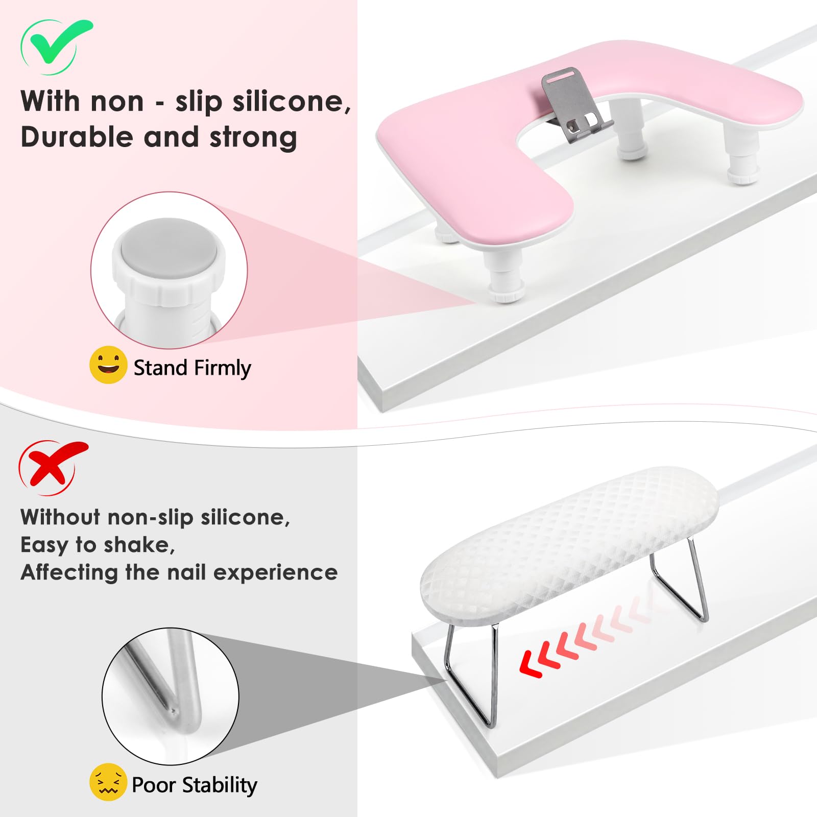 Reposabrazos para uñas para la mano: cojín de mano ajustable con altura y soporte para teléfono giratorio de 360° – Reposabrazos para uñas de cuero PU rosa para uso en salón de uñas y en casa