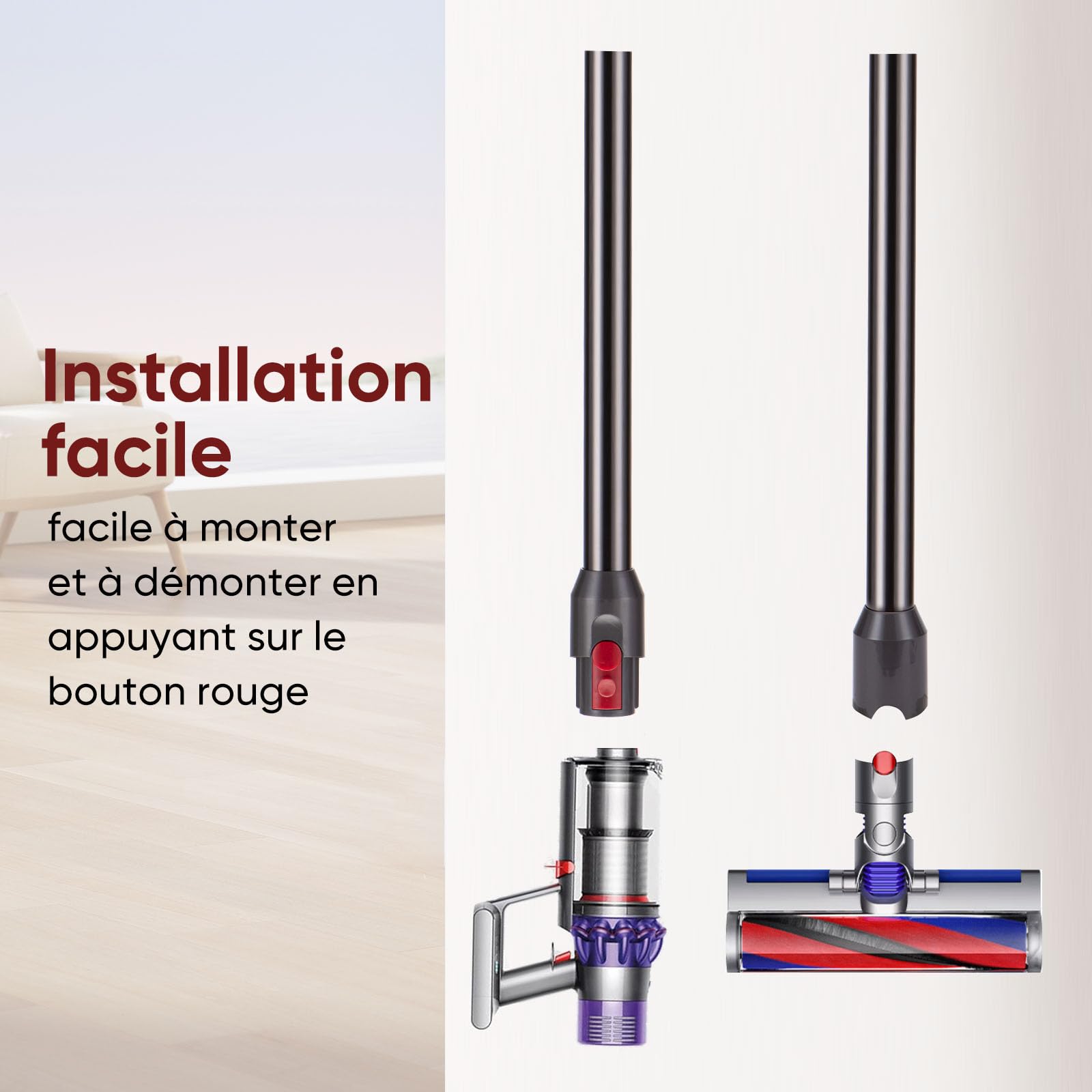 Tube Extension compatible pour Dyson V12 Detect Slim / V10 Digital Slim Aspirateur, Pièce de Rechange Tige Rigide avec Dégagement Rapide Accessoire Rallonge 74cm - Gris