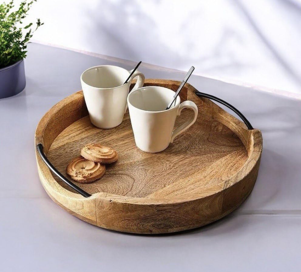 Round Wooden Serving Tray - 10 Inch Rustic Brown Wood Platter with Handles - Decorative Farmhouse Kitchen Tray for Serving Food, Drinks, Coffee, and Cheese