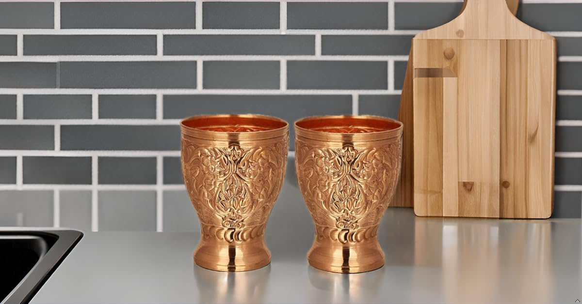 PARIJAT HANDICRAFT Copper Mint Julep Cups, Pack of 2, Flower Embossed